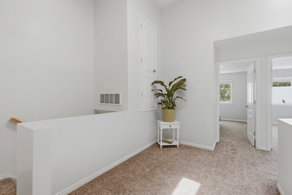Hallway with neutral carpeting and light-toned walls