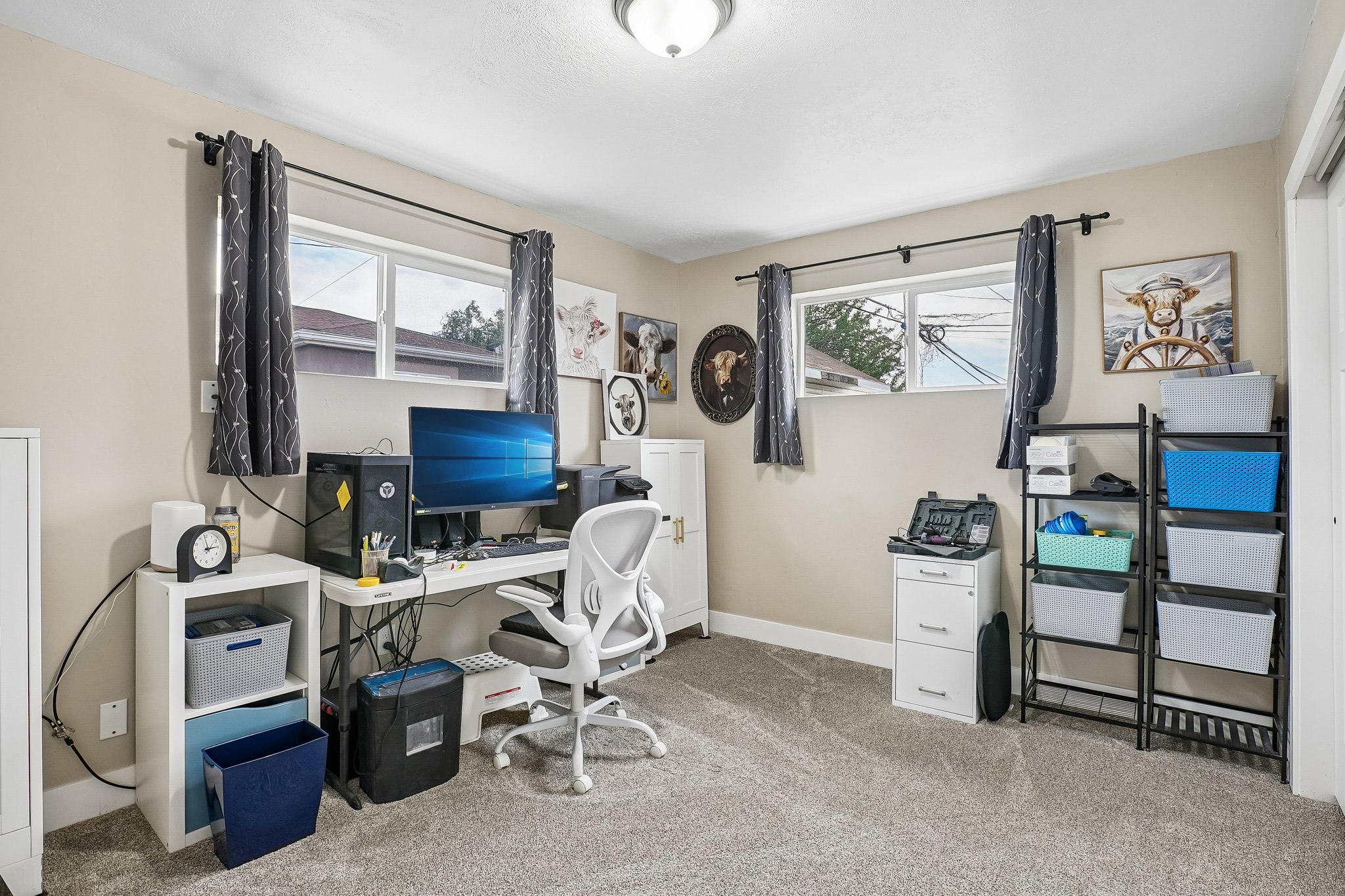 Neutral wall paint, textured carpet flooring, and dual windows