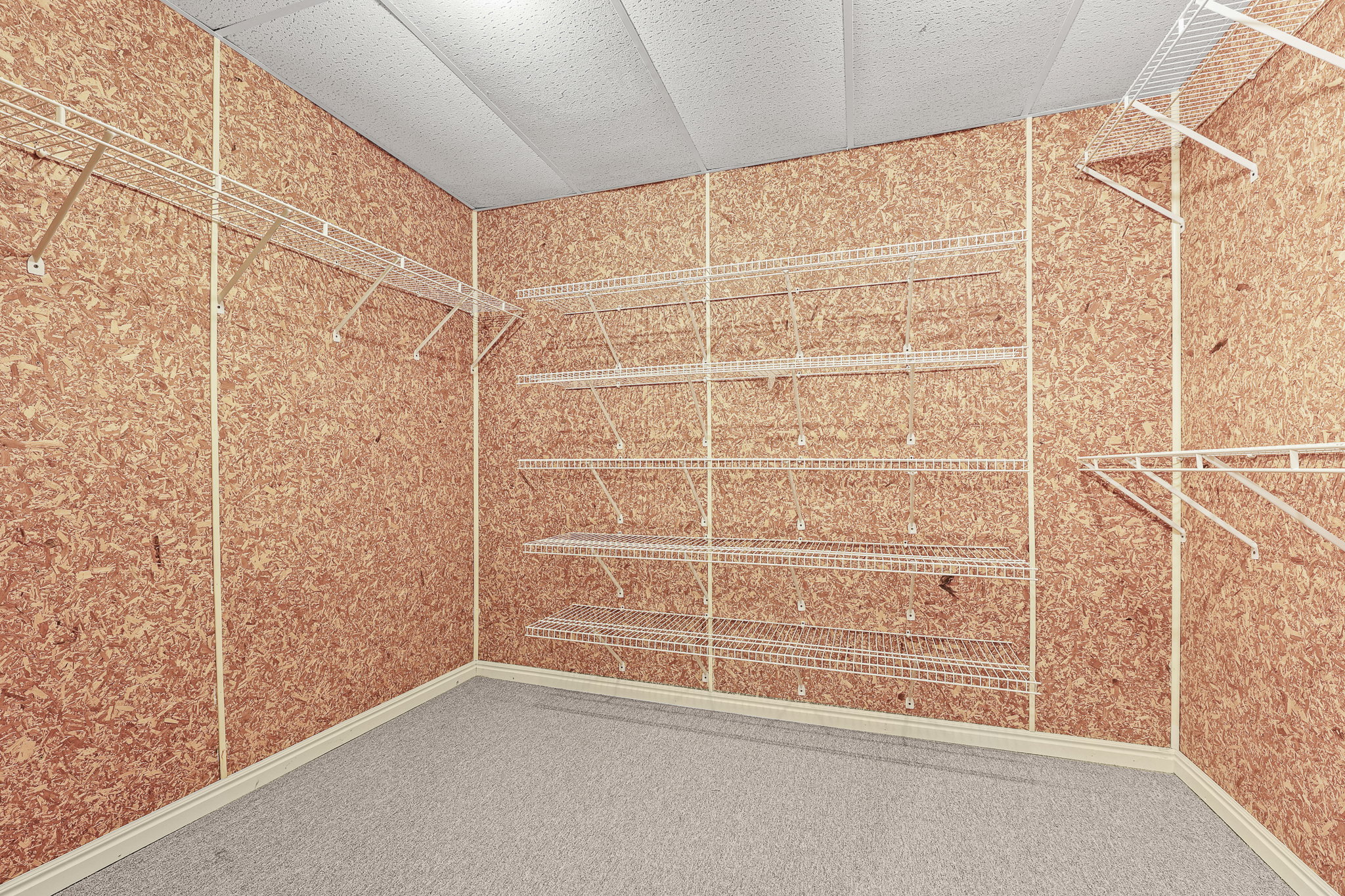 Dedicated storage room featuring extensive wire shelving systems and light gray carpeting