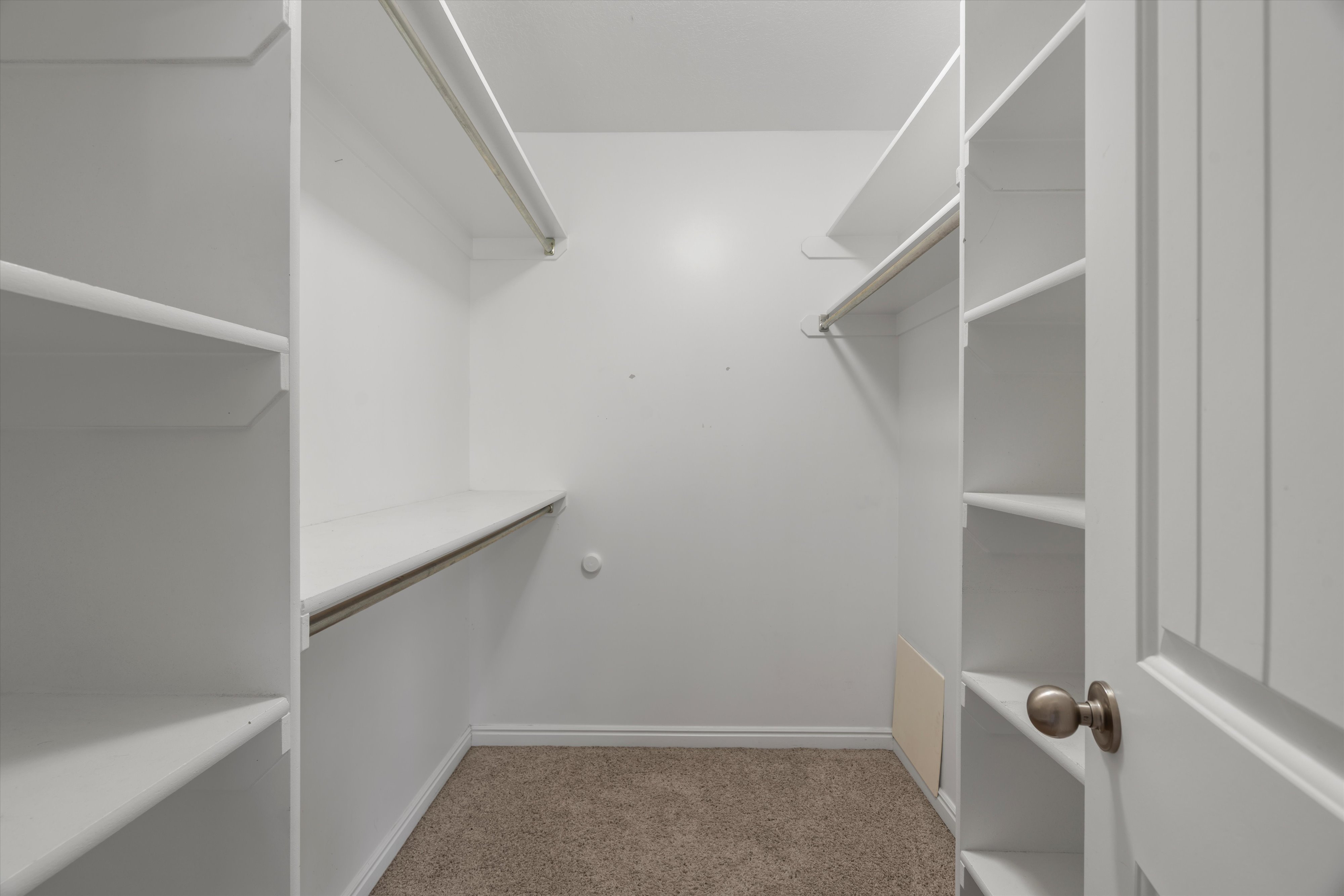 Walk-in closet featuring extensive built-in shelving, multiple hanging rods, neutral wall color, and carpet flooring
