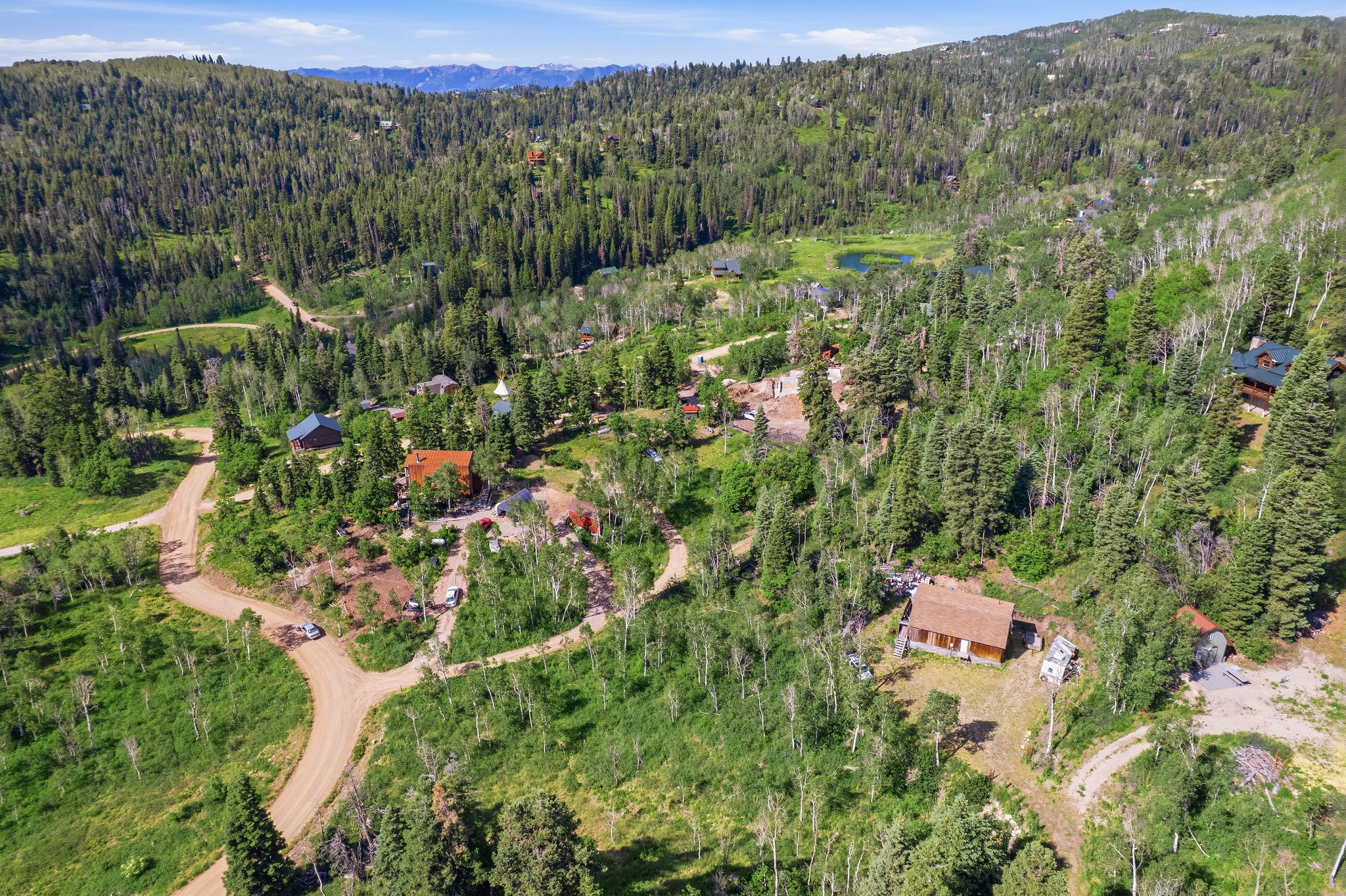 Expansive forested property featuring multiple residences and unpaved roads