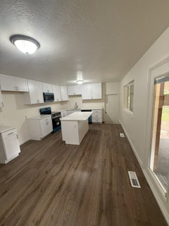 Modern kitchen featuring wood-finish flooring and white cabinetry