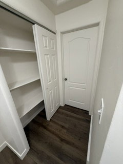 Built-in shelving within a sliding door closet, complemented by dark wood-finish flooring and a paneled interior door