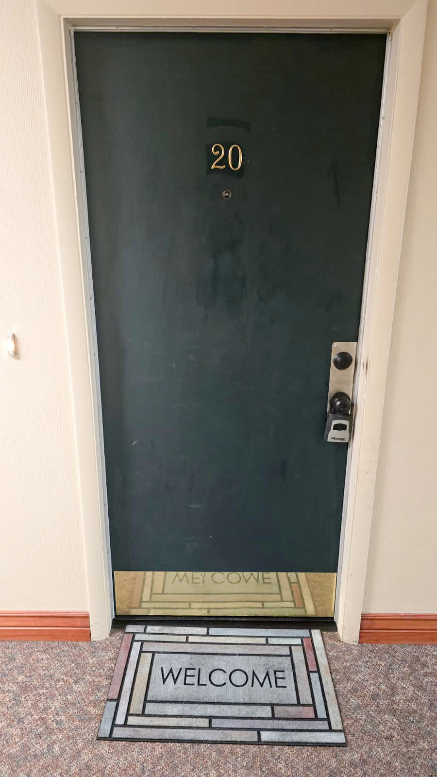 Dark-finish entry door with brass-tone numbering and a contemporary door handle with a deadbolt