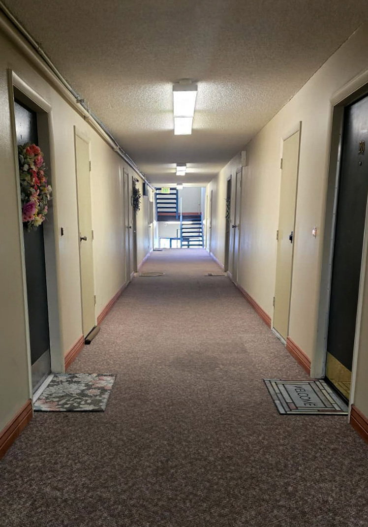 Carpeted hallway featuring multiple entry doors and overhead lighting