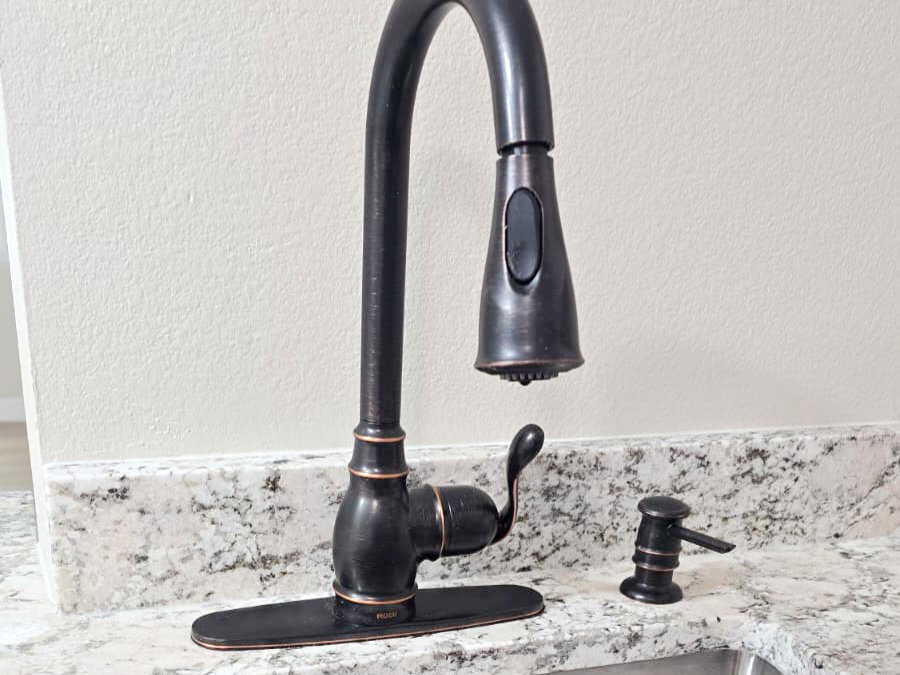 Stainless steel undermount sink with a garbage disposal and a gooseneck faucet in an oil-rubbed bronze finish