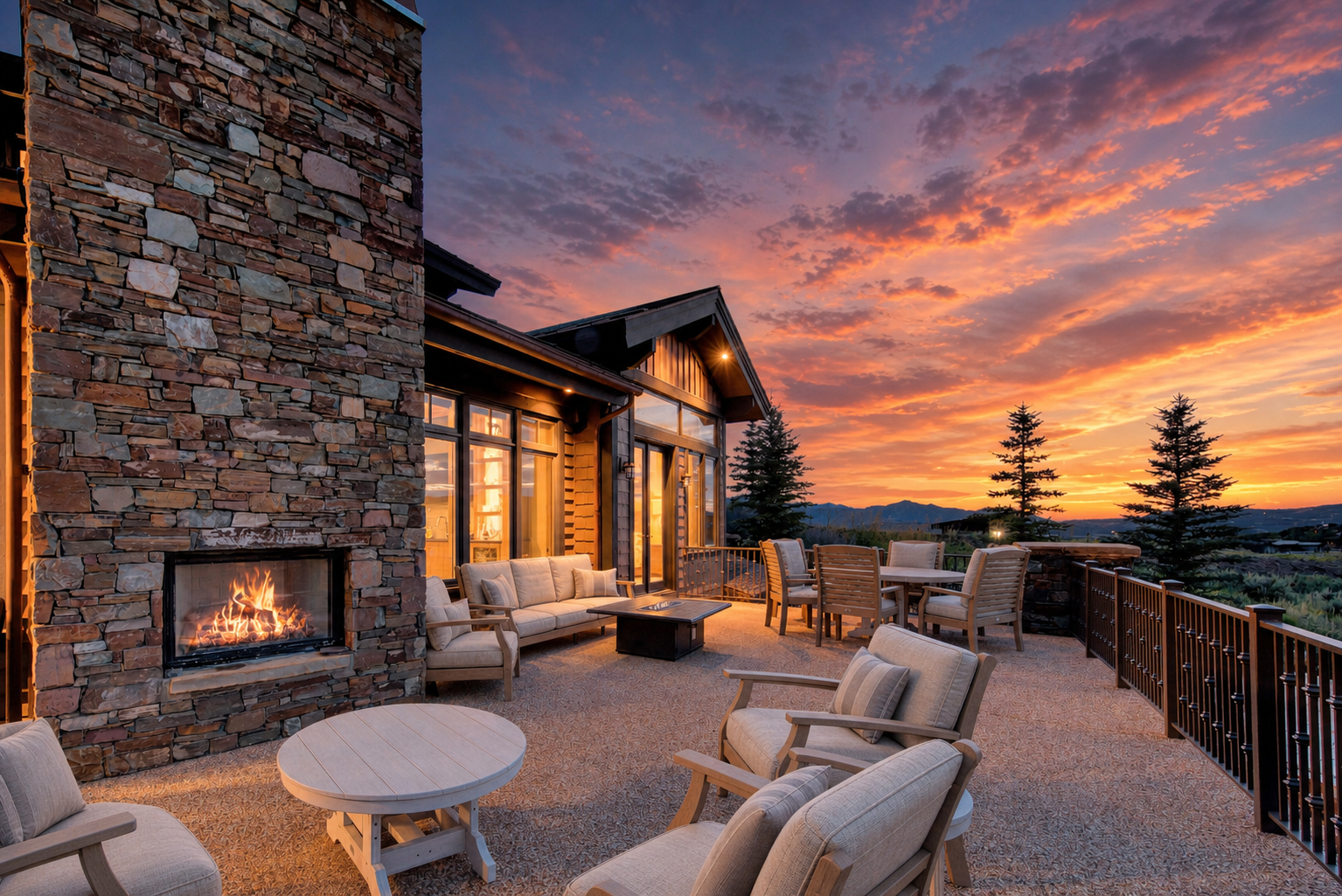 Expansive outdoor patio featuring a stone-clad fireplace and a textured surface