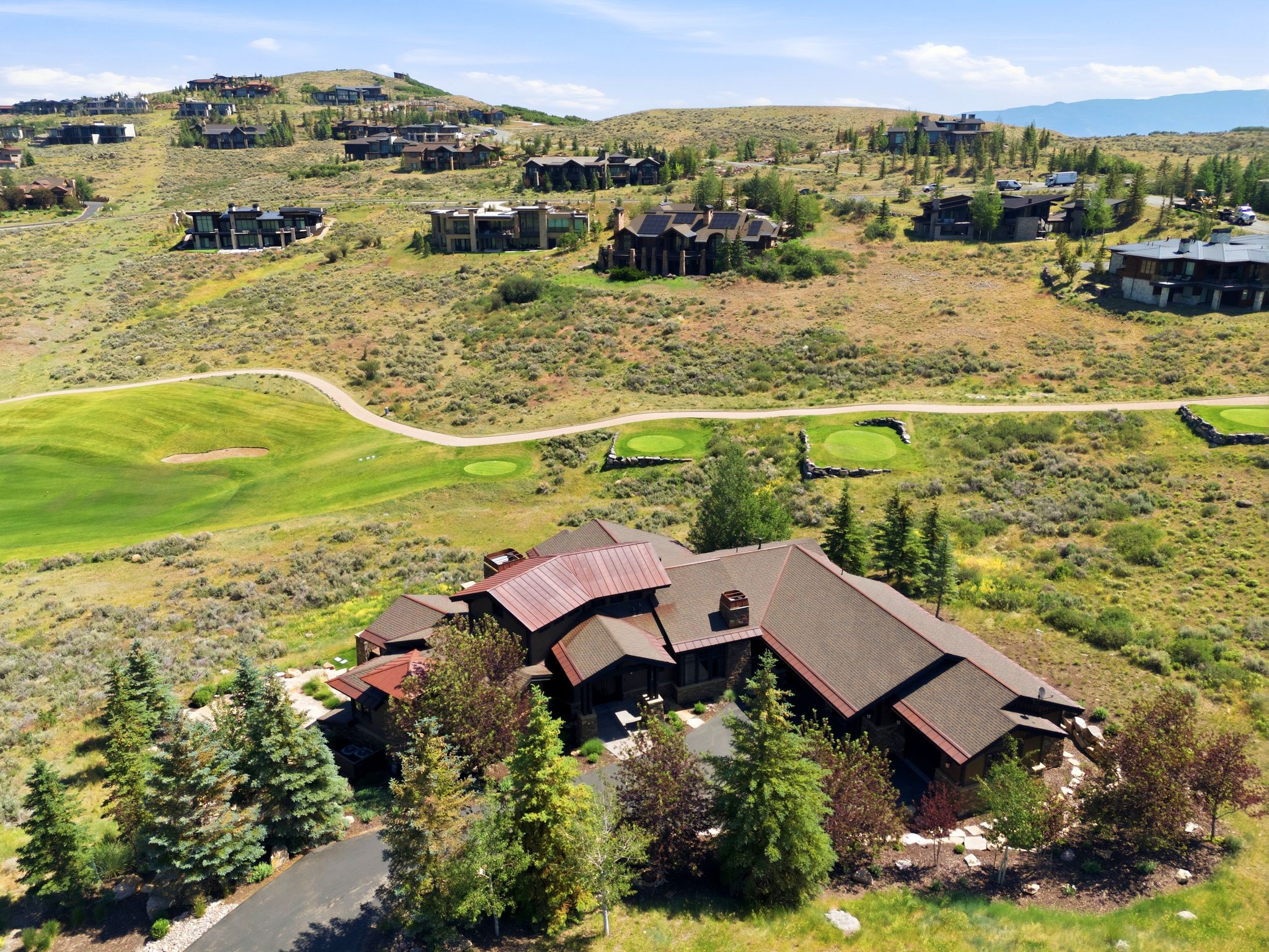 Expansive property featuring multi-level roofing with visible chimney, mature evergreen trees, and a paved driveway