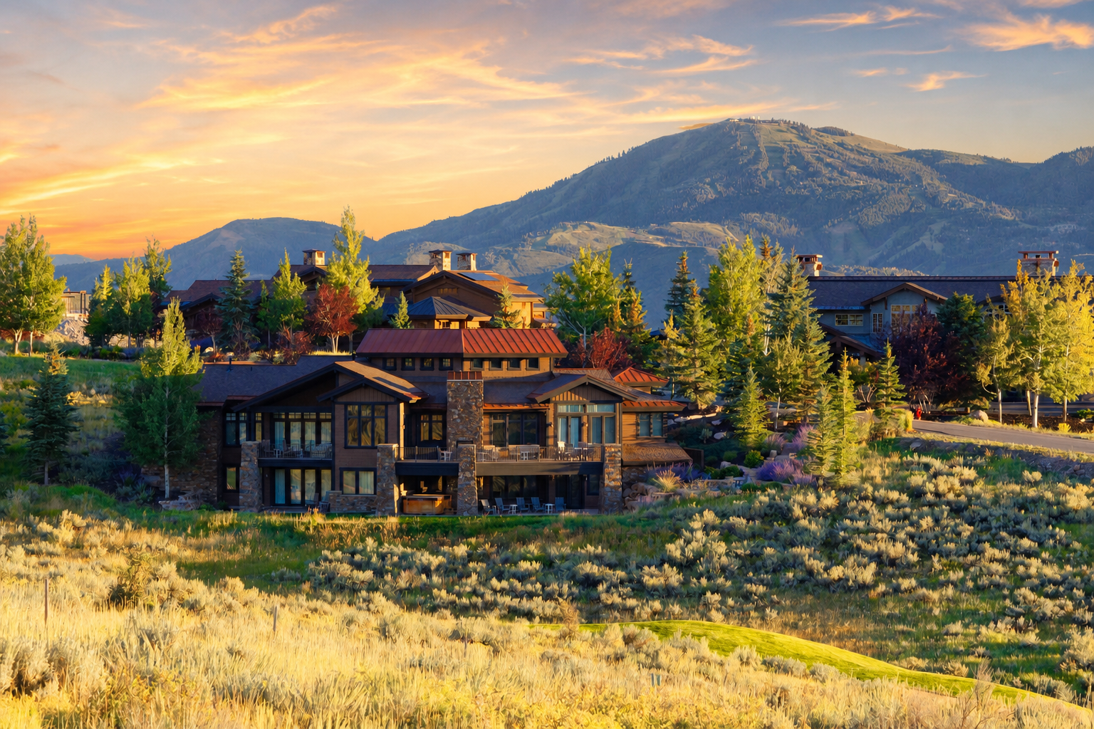 Stone and wood-clad residence set against a mountain backdrop