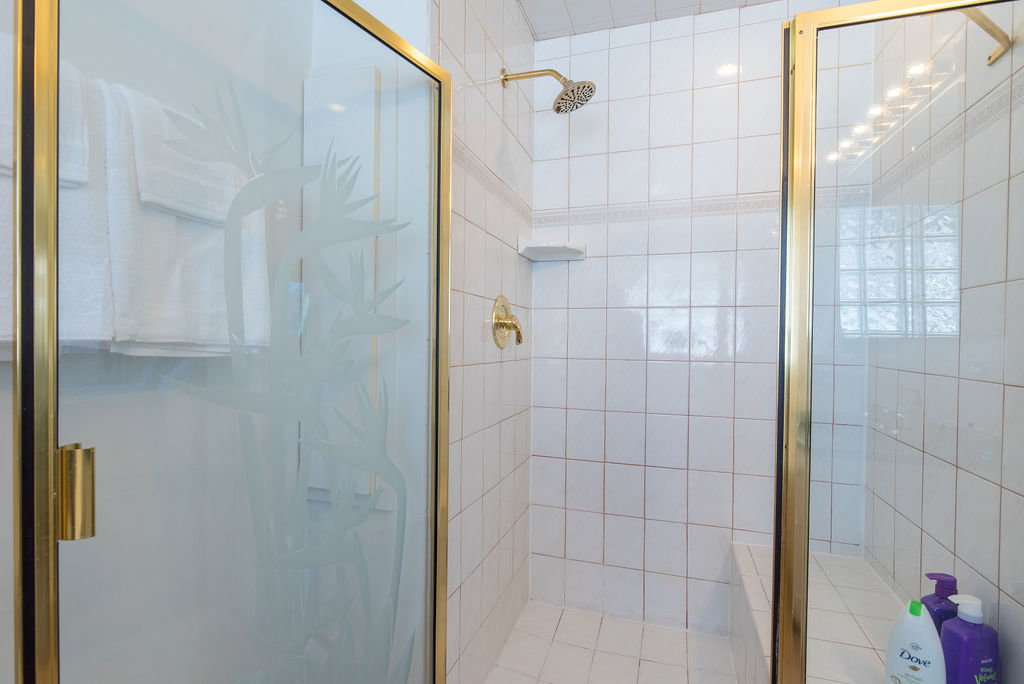 Tiled shower enclosure featuring a gold-framed frosted glass door with etched detailing, a rainfall showerhead, and a built-in bench