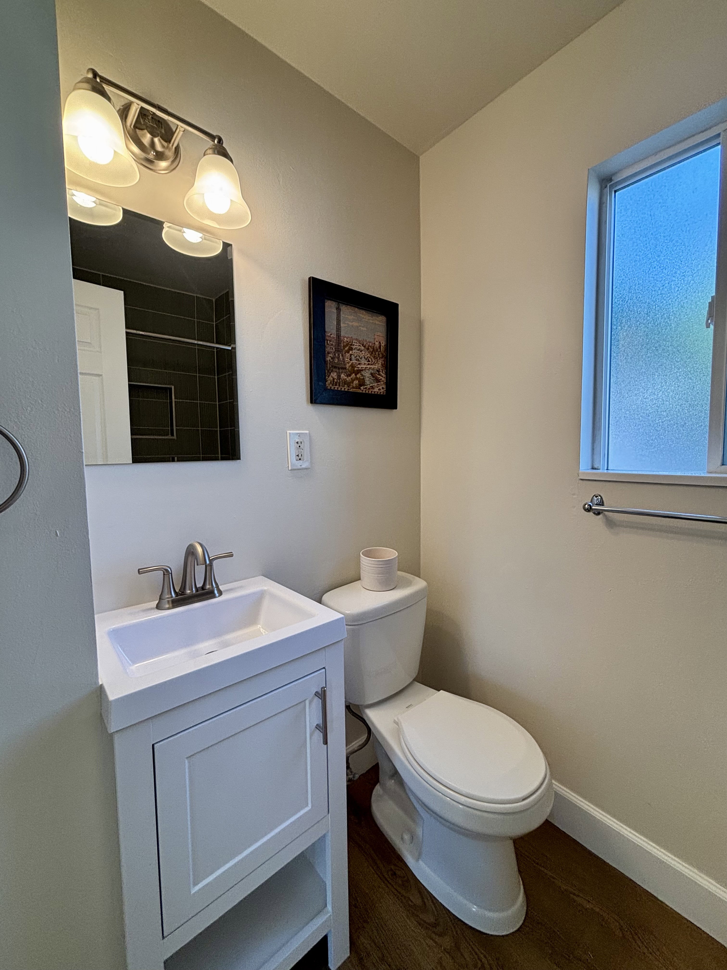 Bathroom featuring a white vanity with integrated sink, brushed nickel faucet, wood-finish flooring, and a frosted window