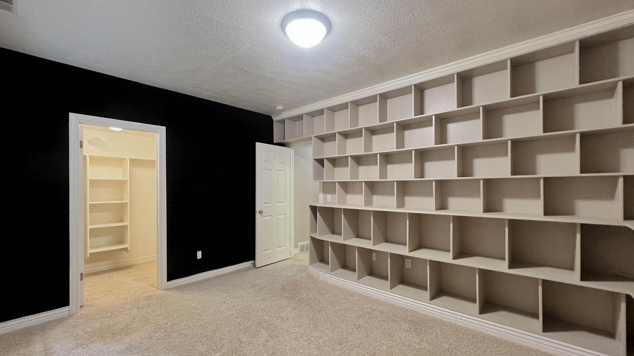 Room featuring extensive built-in shelving, plush carpeting, a contrasting black accent wall, a flush-mount ceiling light, and an open doorway leading to a walk-in closet with additional shelving