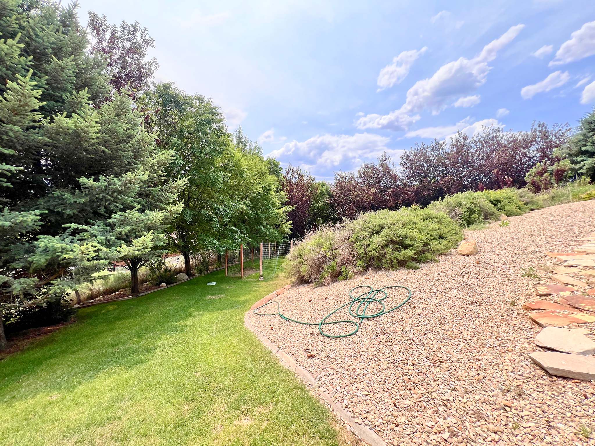 Expansive outdoor space featuring a manicured lawn, mature trees, and a gravel-covered sloped area with natural stone accents