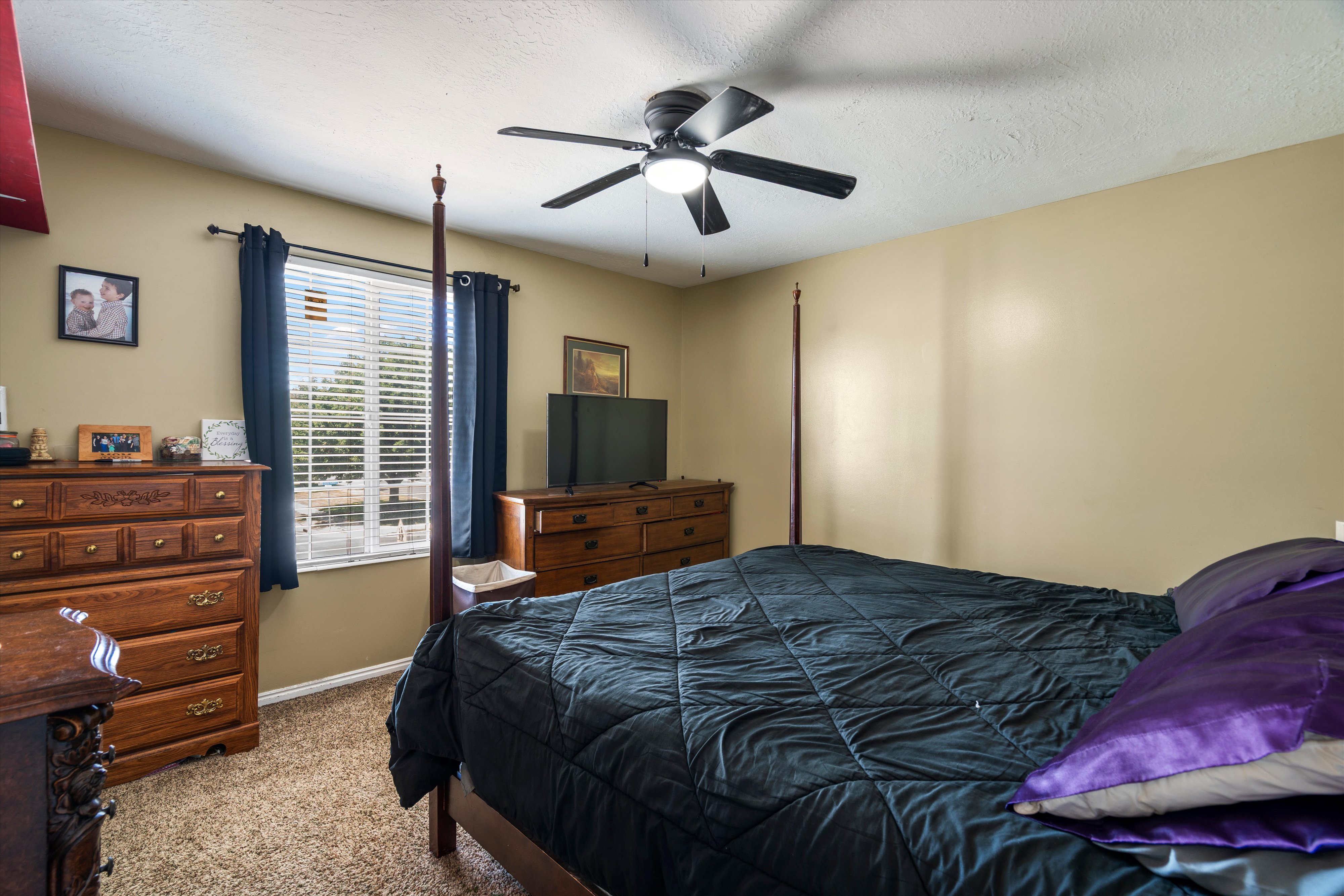 Carpeted room with a ceiling fan light fixture