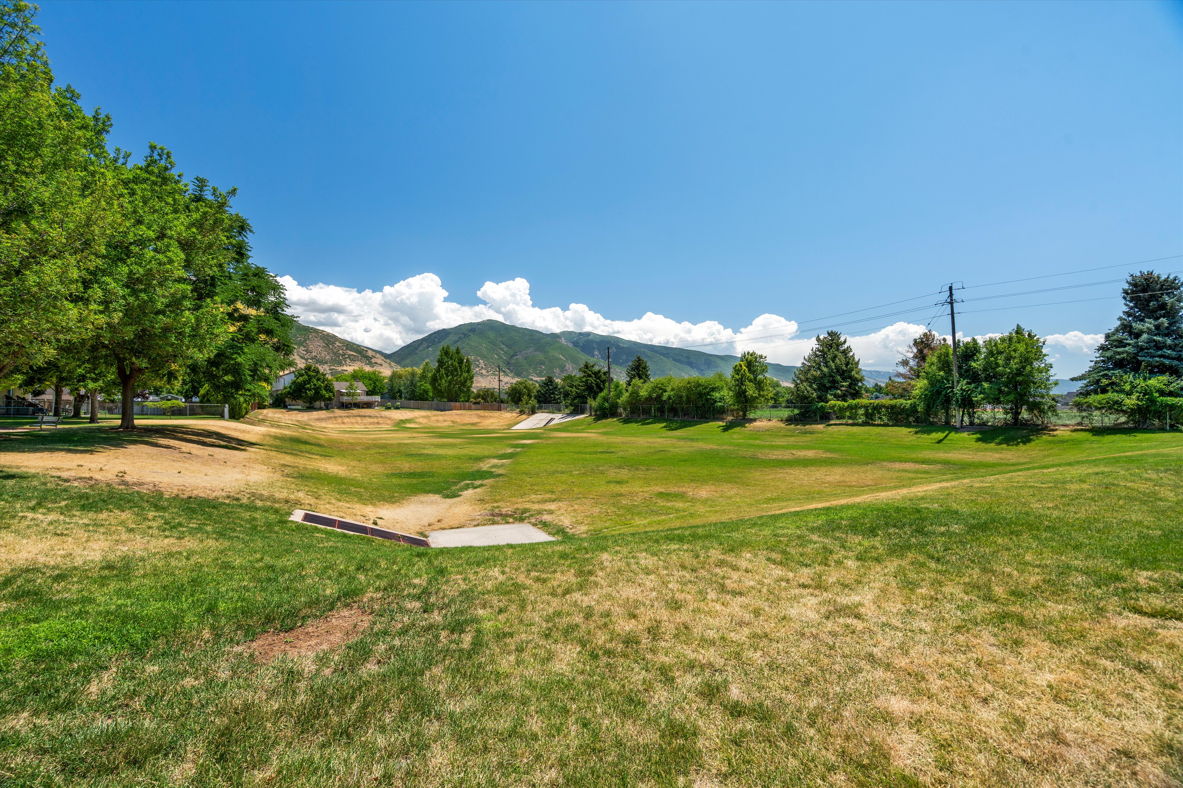 Expansive grassy area with concrete channels, mature trees, and mountainous background