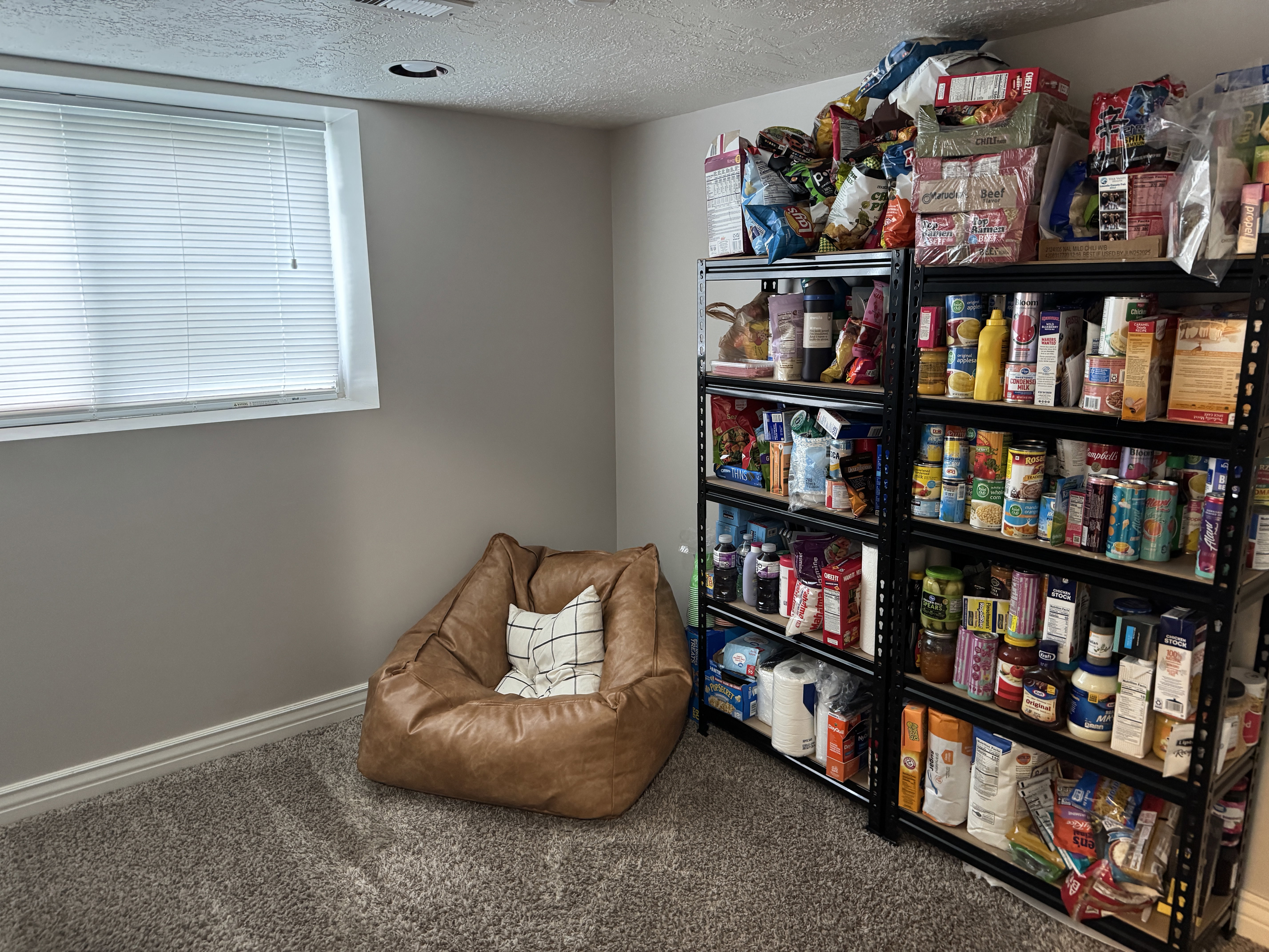 Finished storage room featuring two industrial shelving units, wall-to-wall carpeting, and a window with blinds