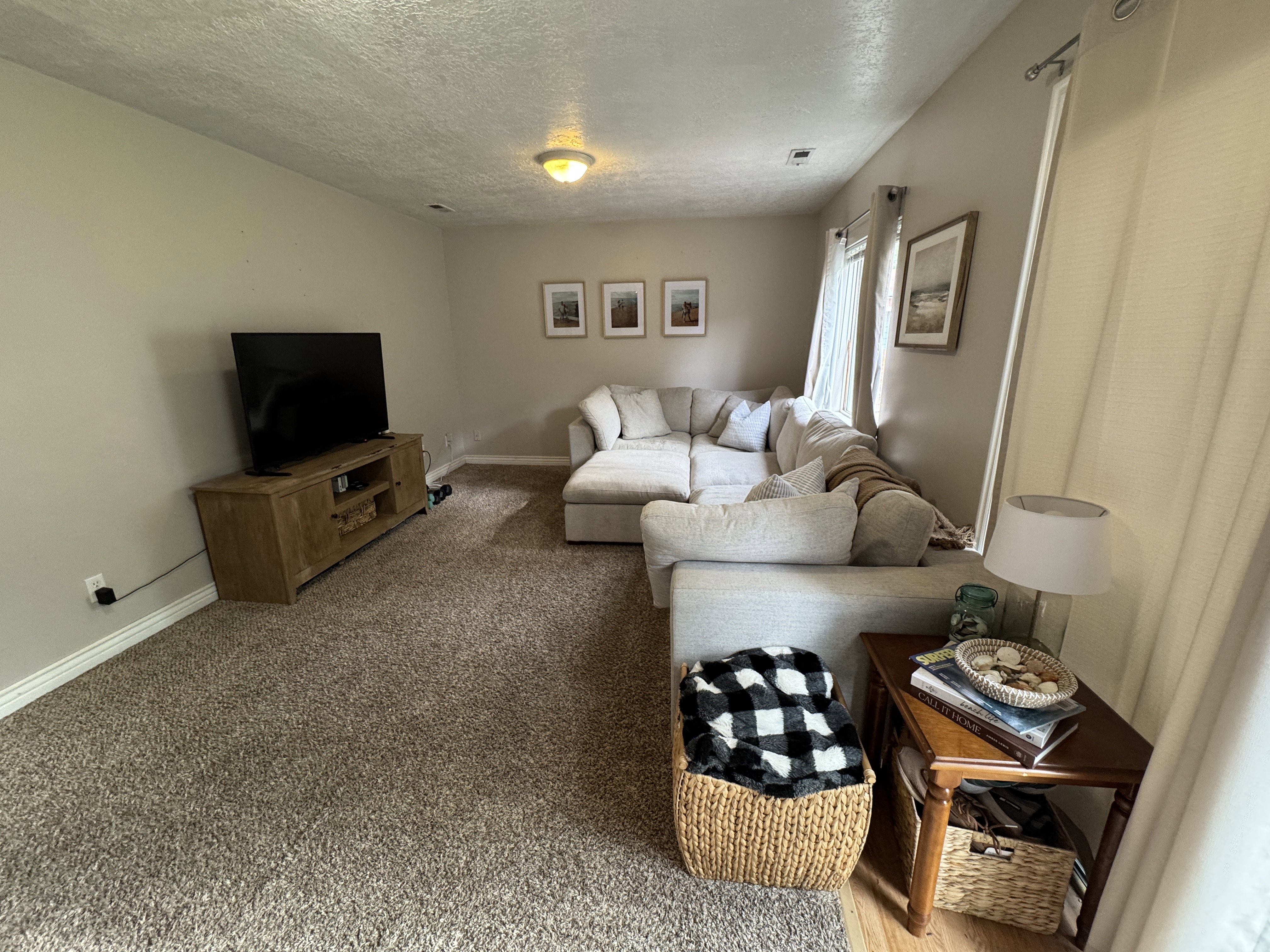 Spacious living area featuring neutral-toned walls, plush carpeting, a built-in light fixture, and window treatments providing natural illumination