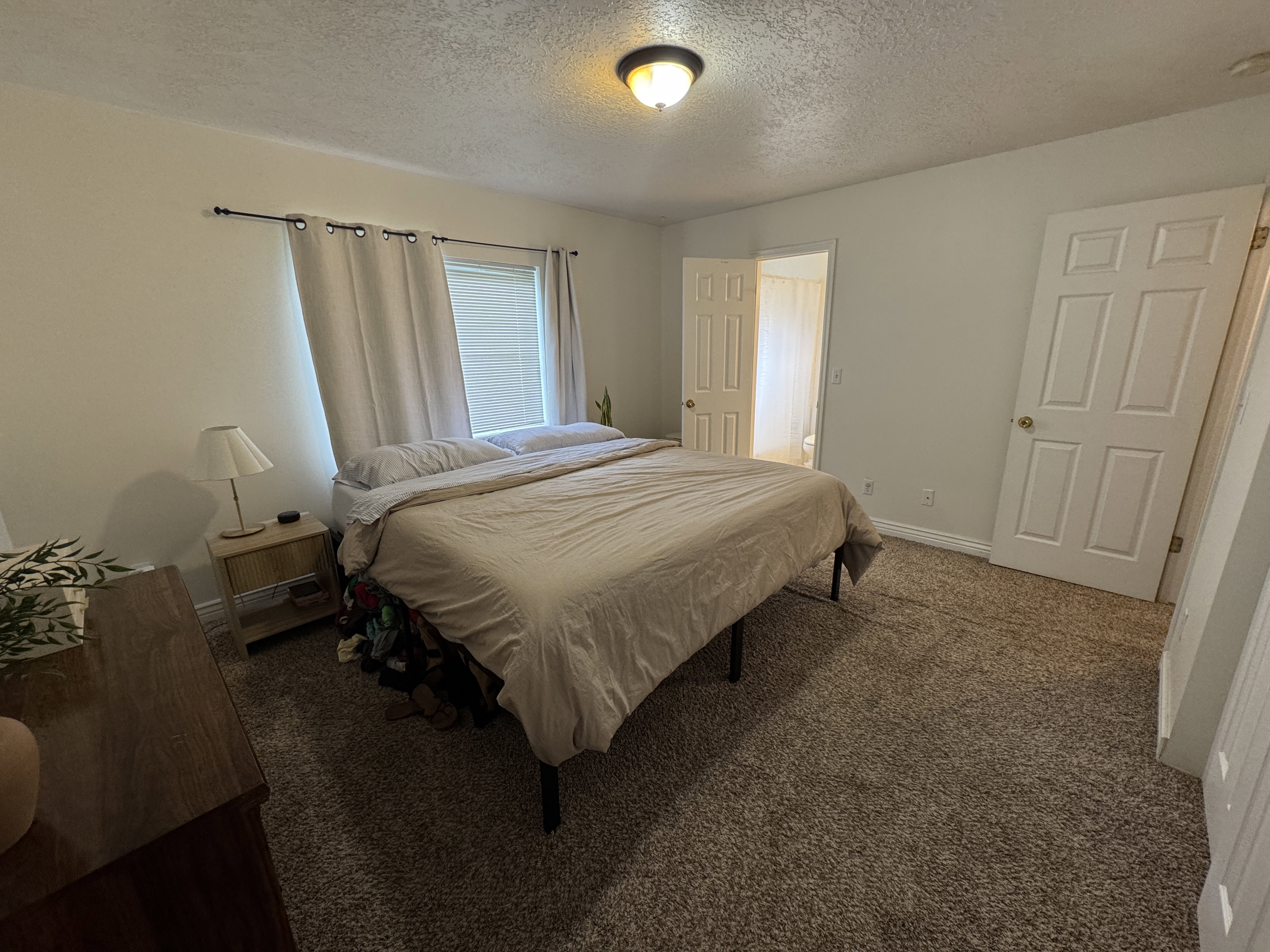 Carpeted room with a window featuring blinds and light-colored curtains