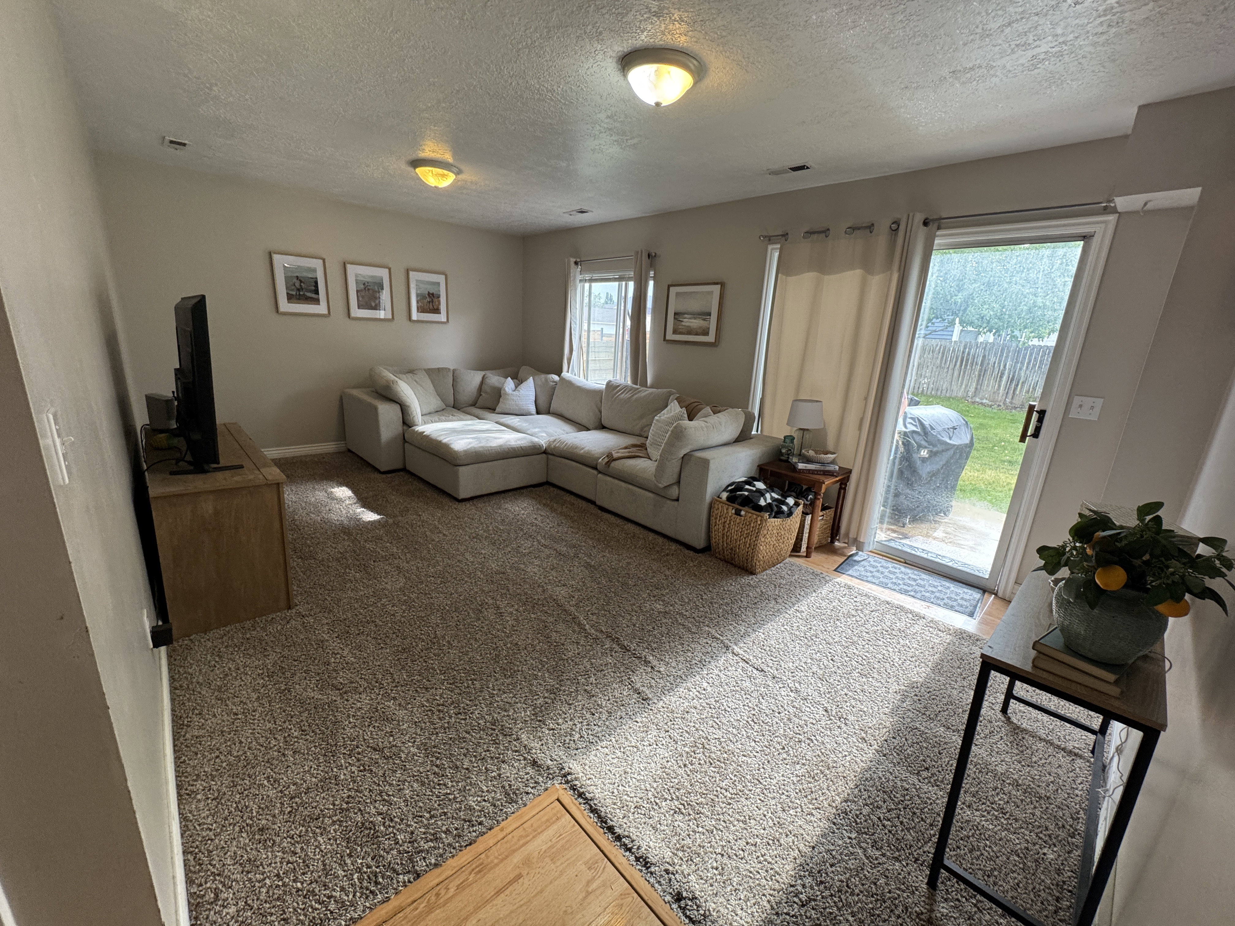 Spacious room featuring neutral carpeting, a glass sliding door providing access to the exterior, and overhead flush-mount lighting fixtures