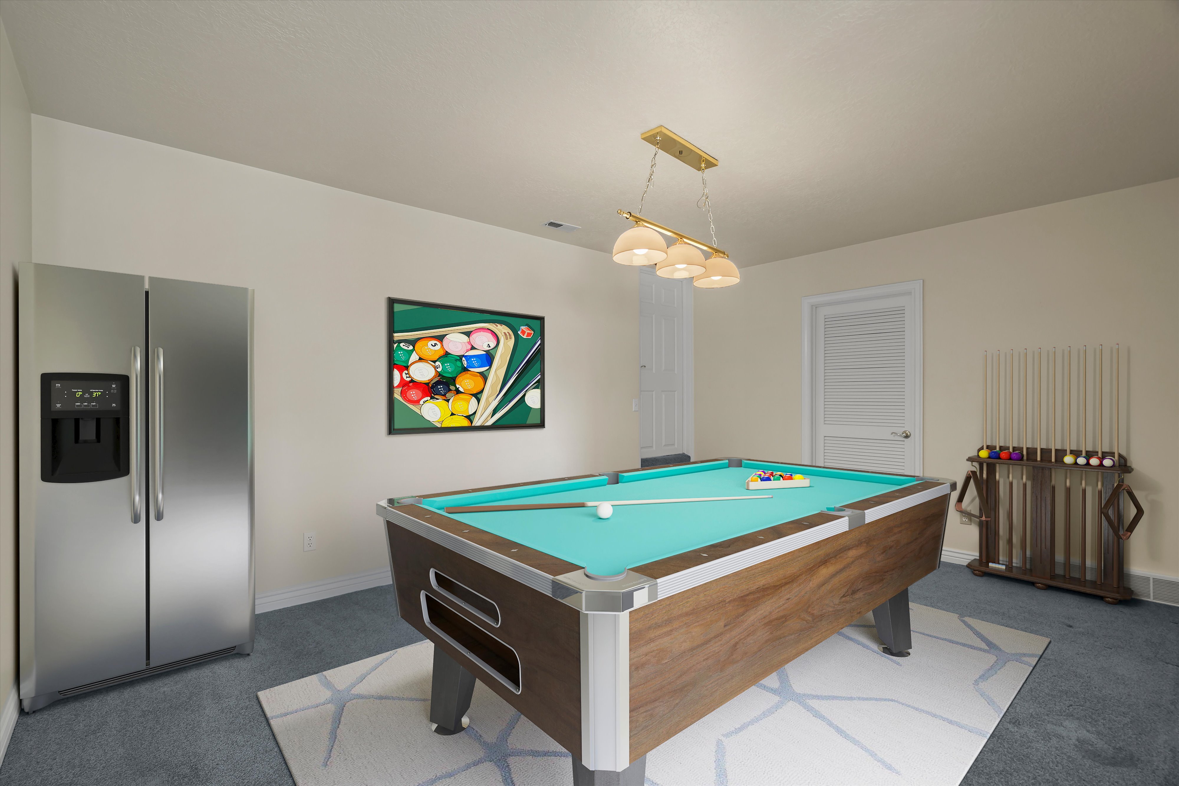 Recreational room featuring a billiards table with turquoise felt, recessed lighting, and a stainless steel side-by-side refrigerator