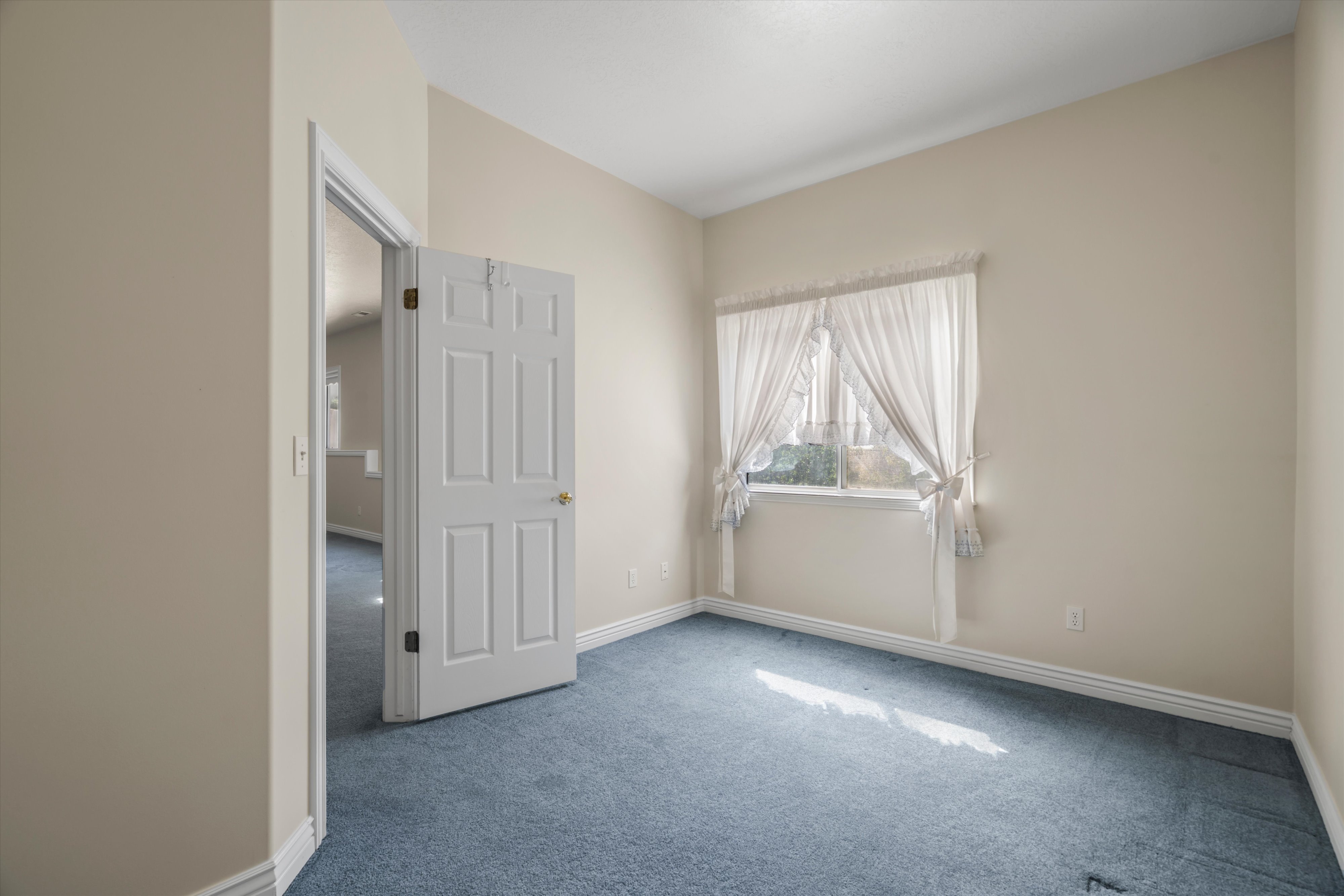 Room featuring neutral wall tones, blue low-pile carpeting, and a window with sheer curtains