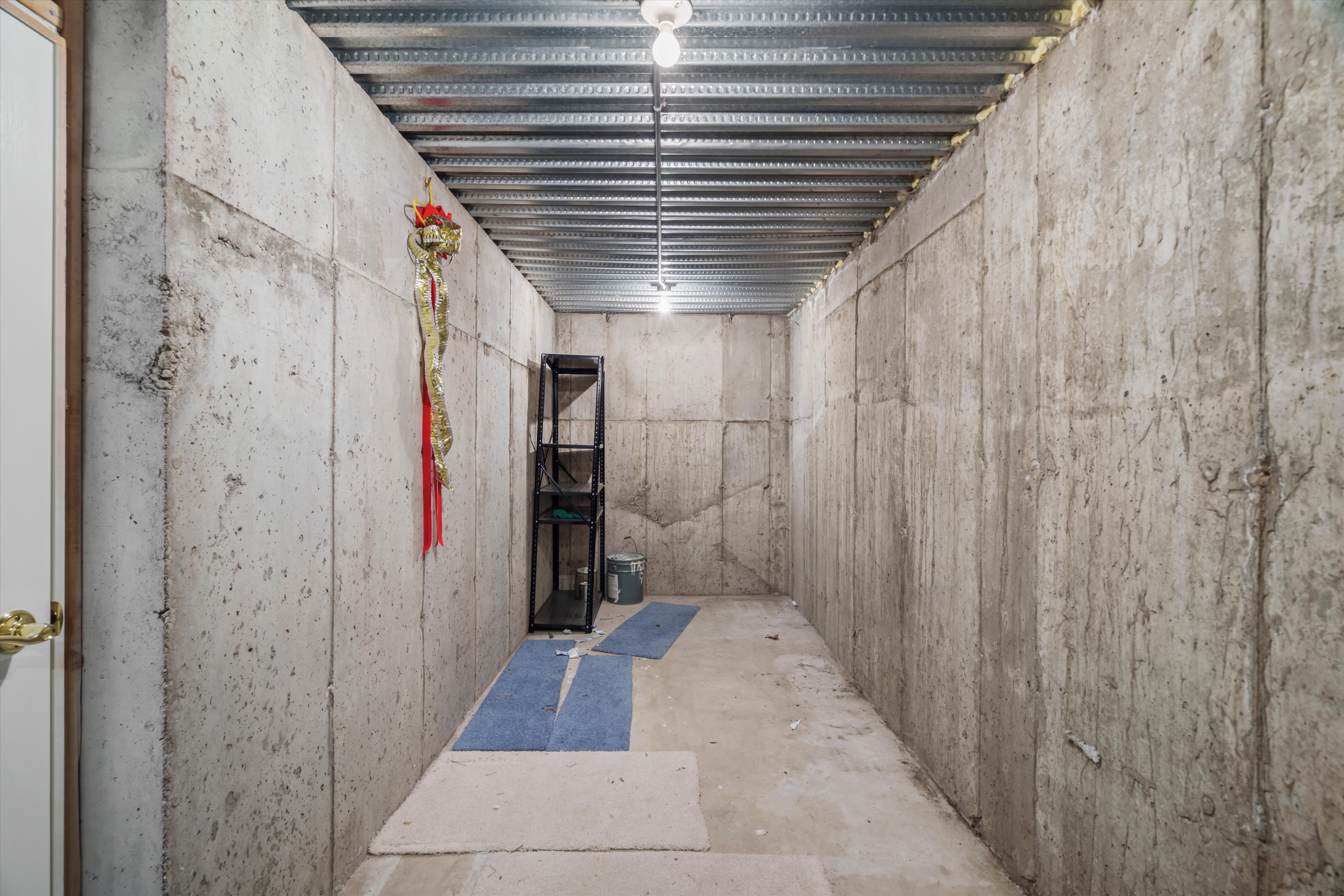 Unfinished basement space featuring exposed concrete walls, concrete flooring, and an exposed metal ceiling structure with overhead lighting