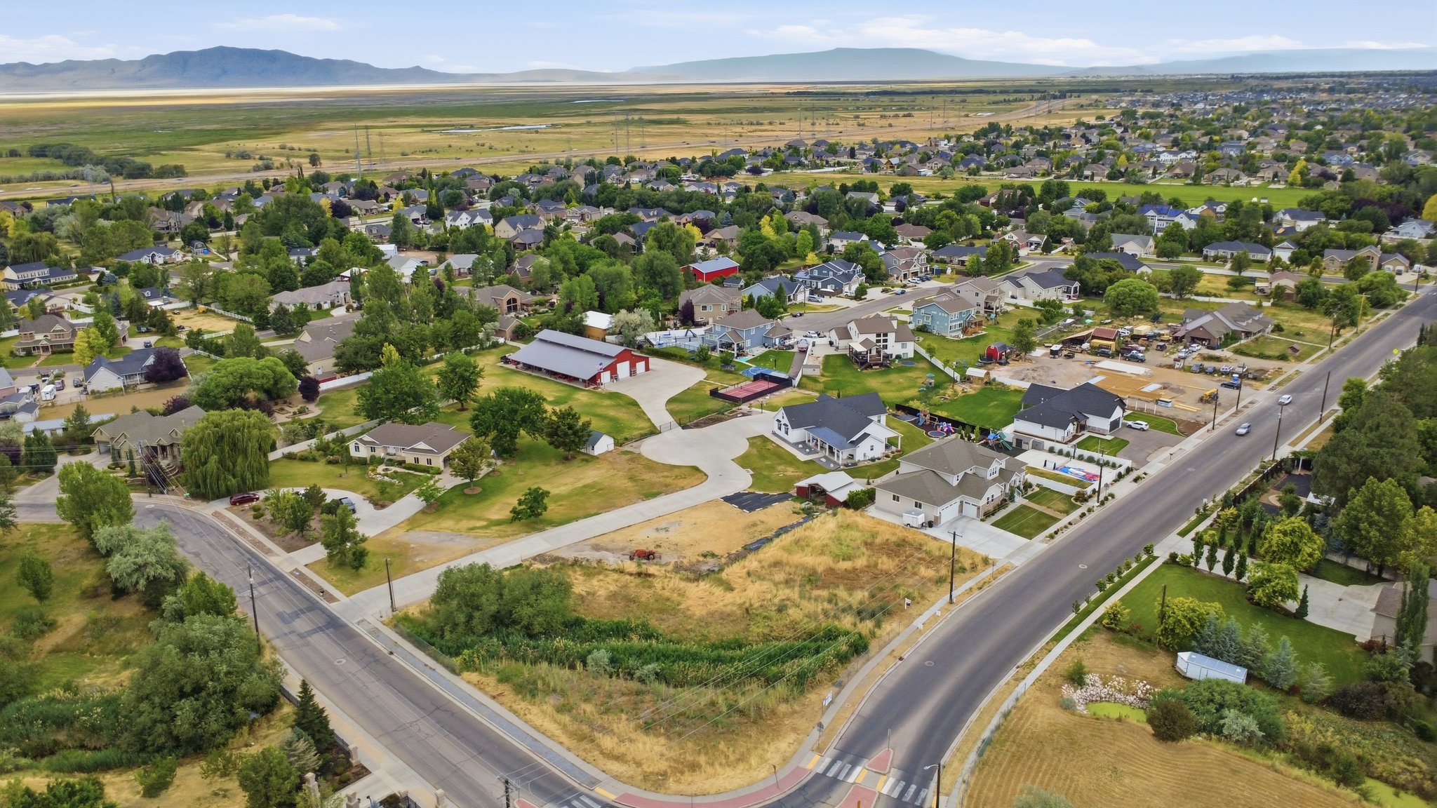 Aerial overview showcasing a developed residential area with established homes and mature trees