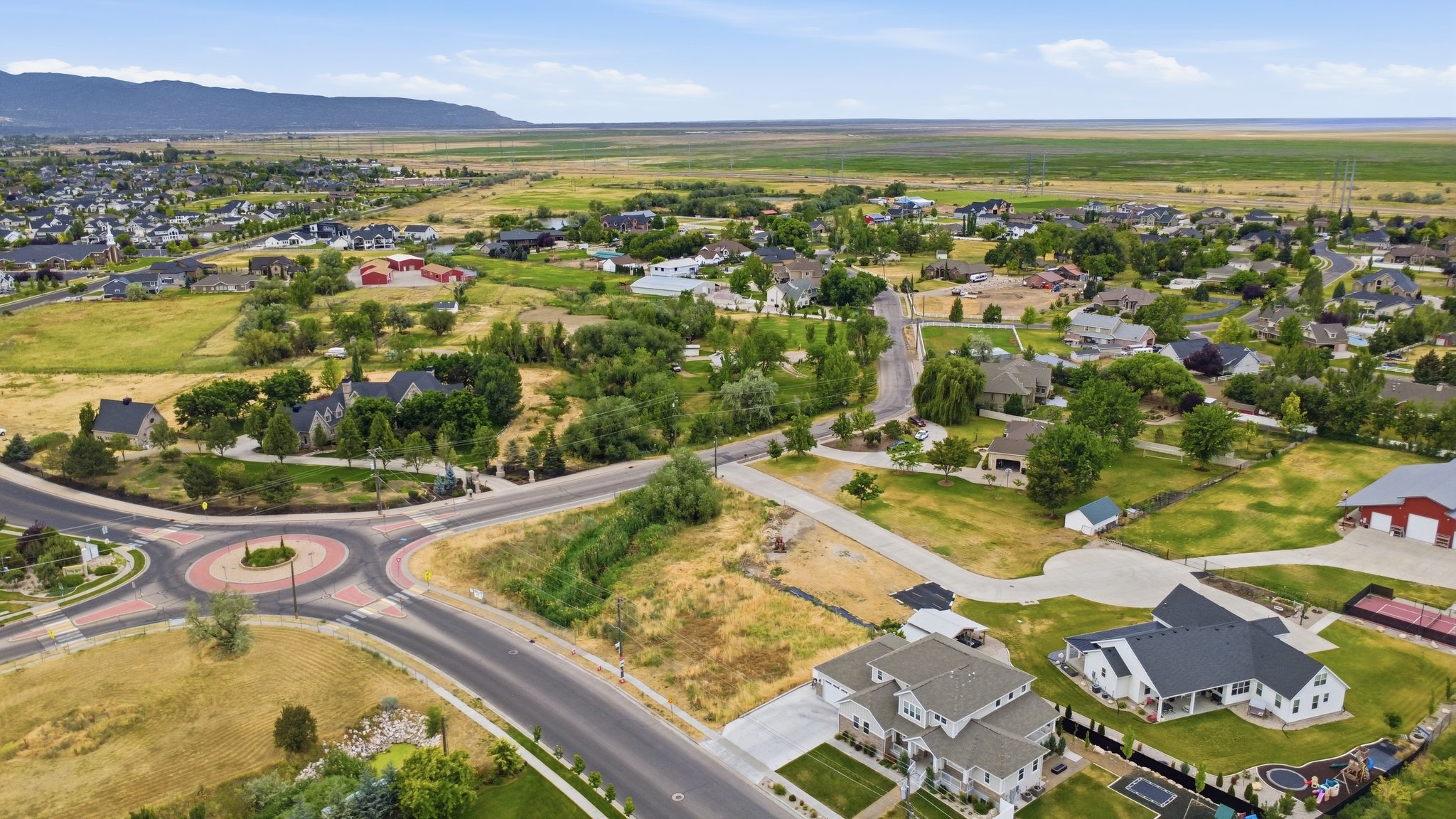 Expansive residential development featuring a diverse collection of homes, mature trees, and a clear blue sky