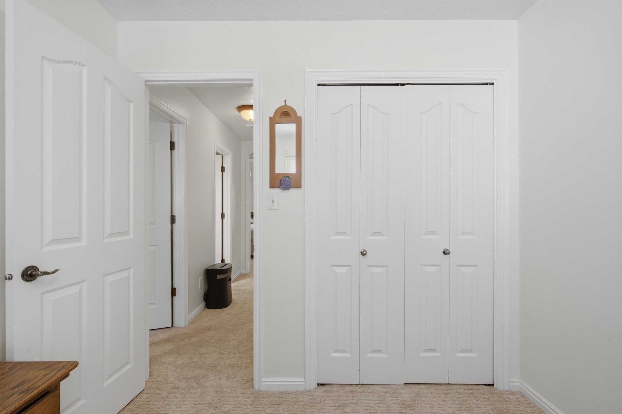 Neutral tone wall paint, white trim, and light-colored carpet flooring