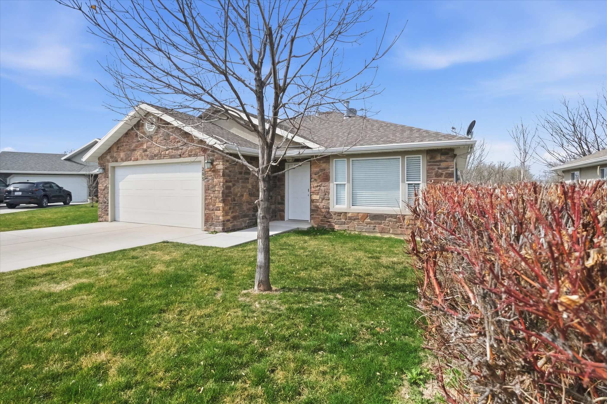 Stone facade exterior featuring an attached garage, a paved driveway, a manicured lawn, and a mature hedge row