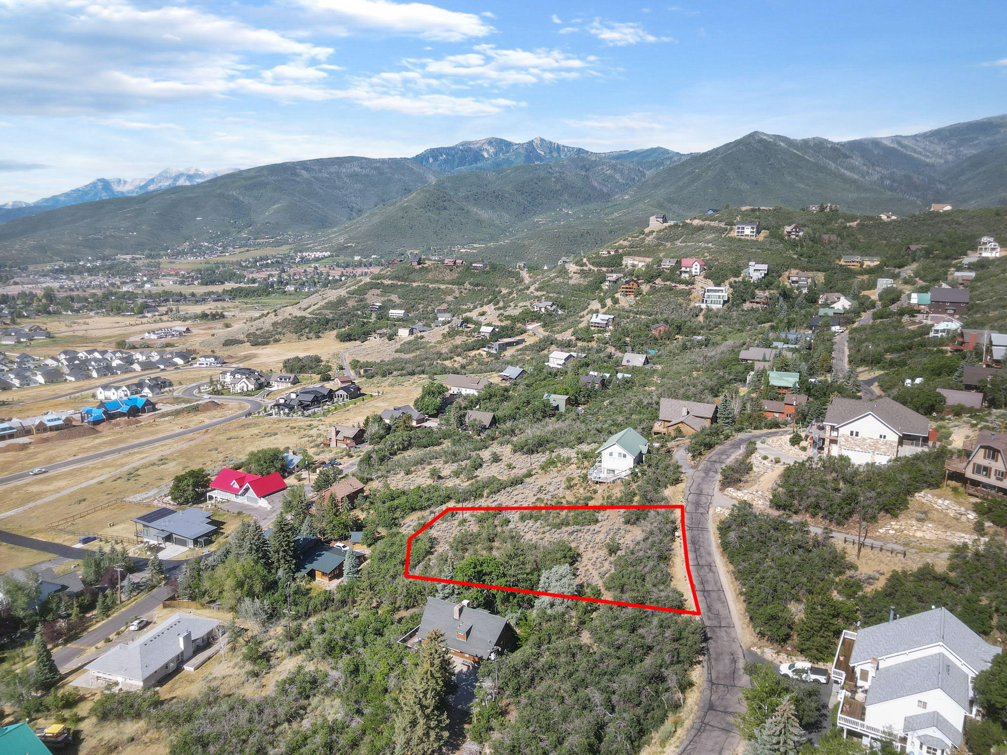 Elevated lot featuring natural vegetation, a paved road, and mountain scenery