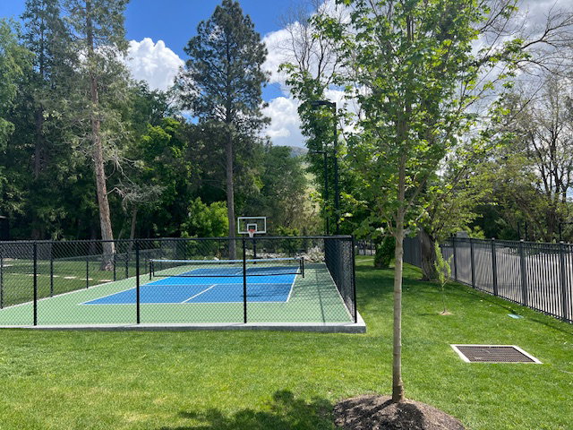 Fenced multi-sport court featuring a basketball hoop and pickleball lines