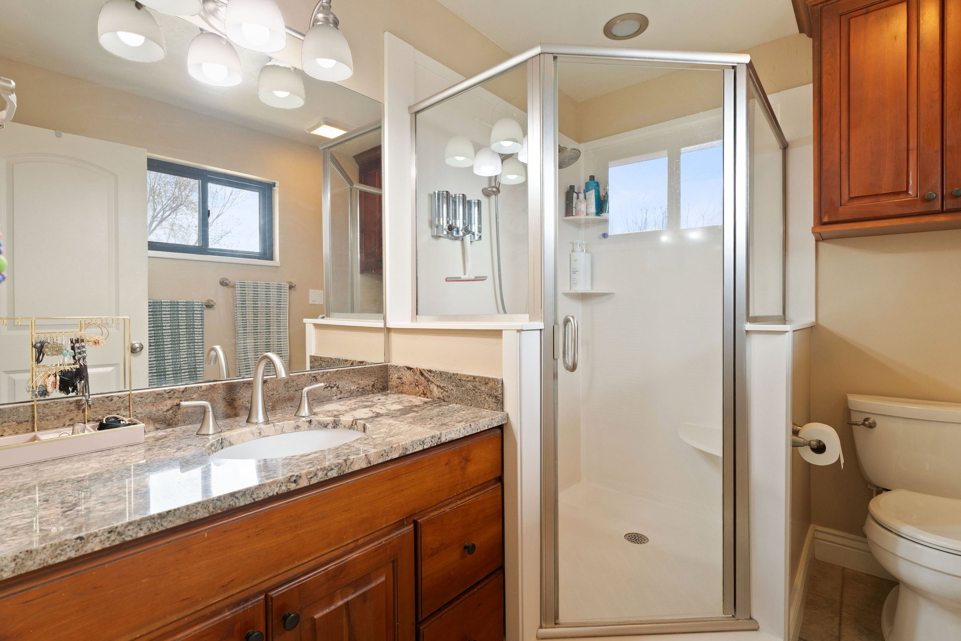 Bathroom featuring a glass-enclosed shower, a vanity with a stone countertop, wood-finish cabinetry, and a full-width mirror