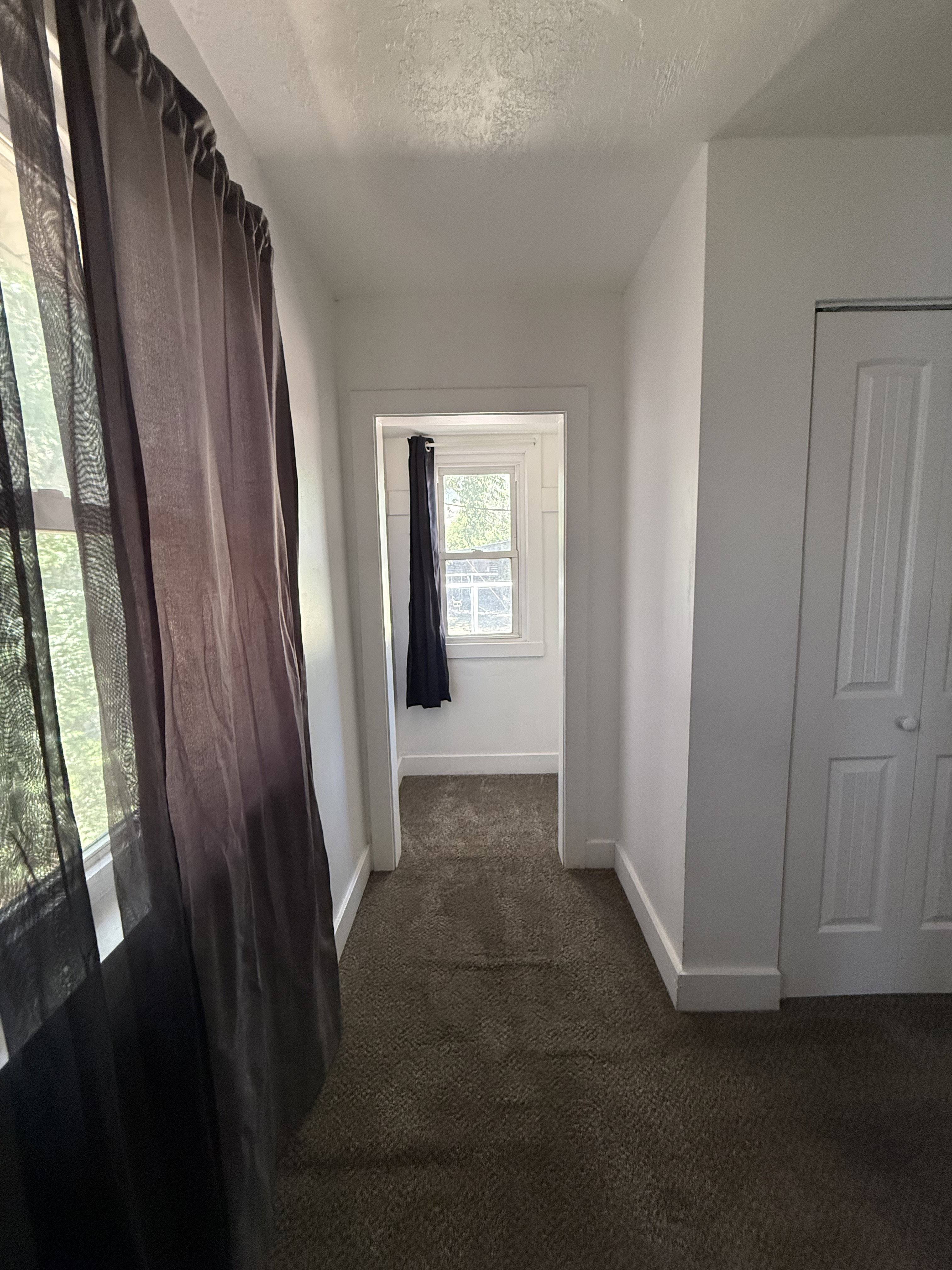 Hallway featuring neutral-toned carpeting, white walls, and white trim