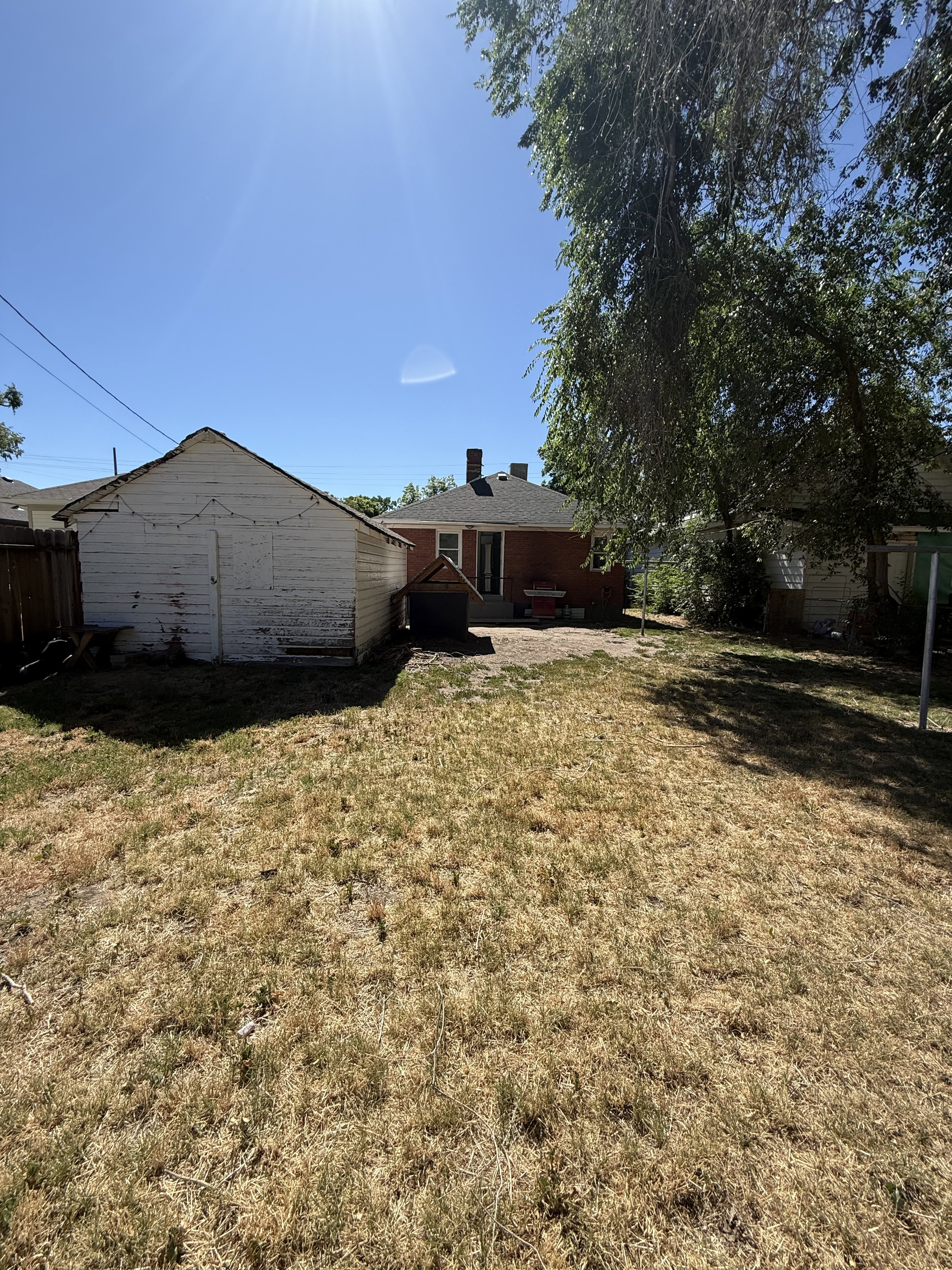 Expansive backyard featuring a detached outbuilding, mature tree, and brick-sided property with a shingled roof