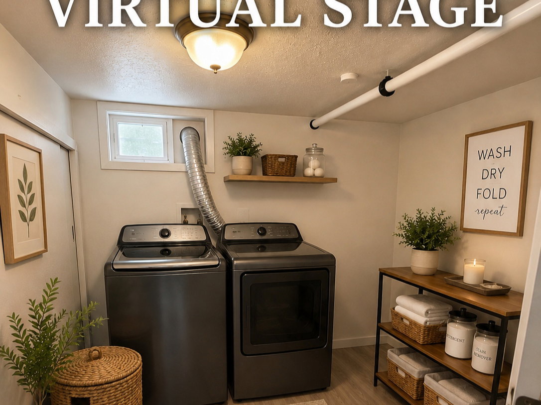 Dedicated laundry area featuring modern appliances, wood-finish flooring, a floating shelf, and a utility window