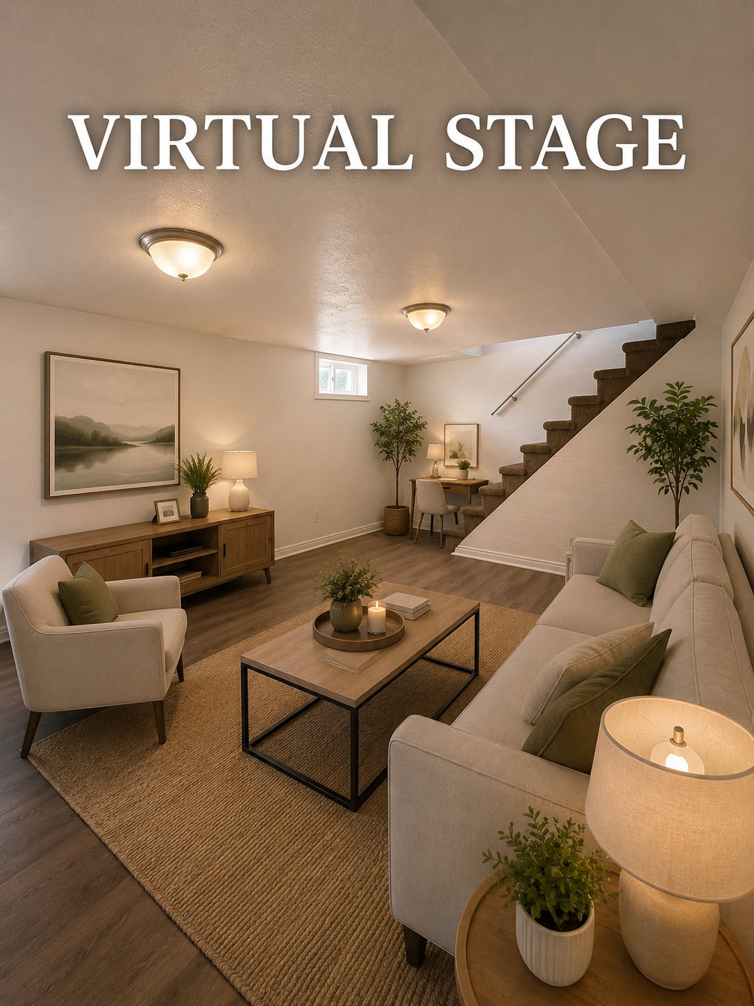 Spacious finished basement featuring wood-finish flooring, a built-in staircase with carpeted treads, and multiple flush-mount ceiling lights