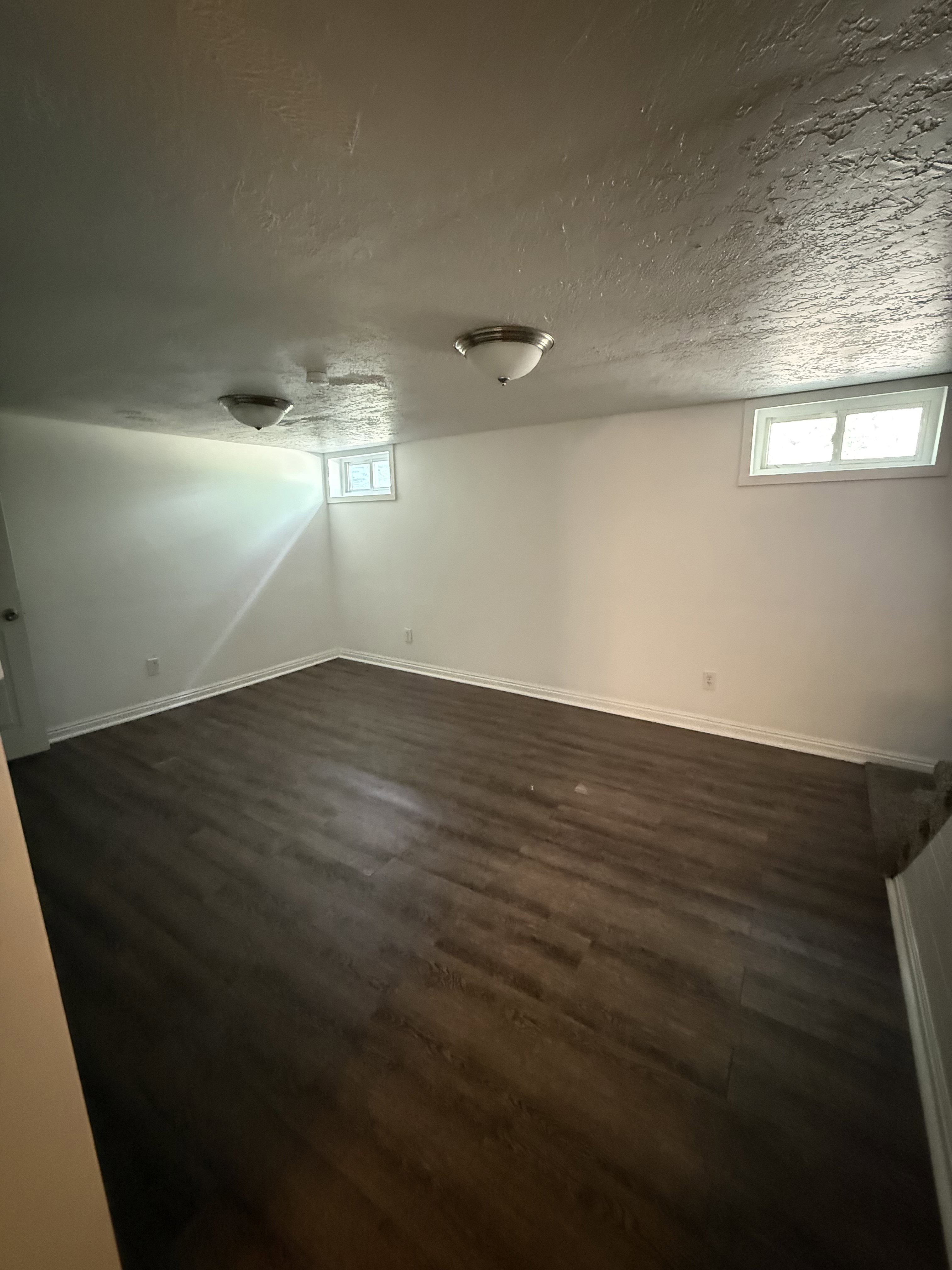 Spacious room featuring wood-finish flooring and white baseboards