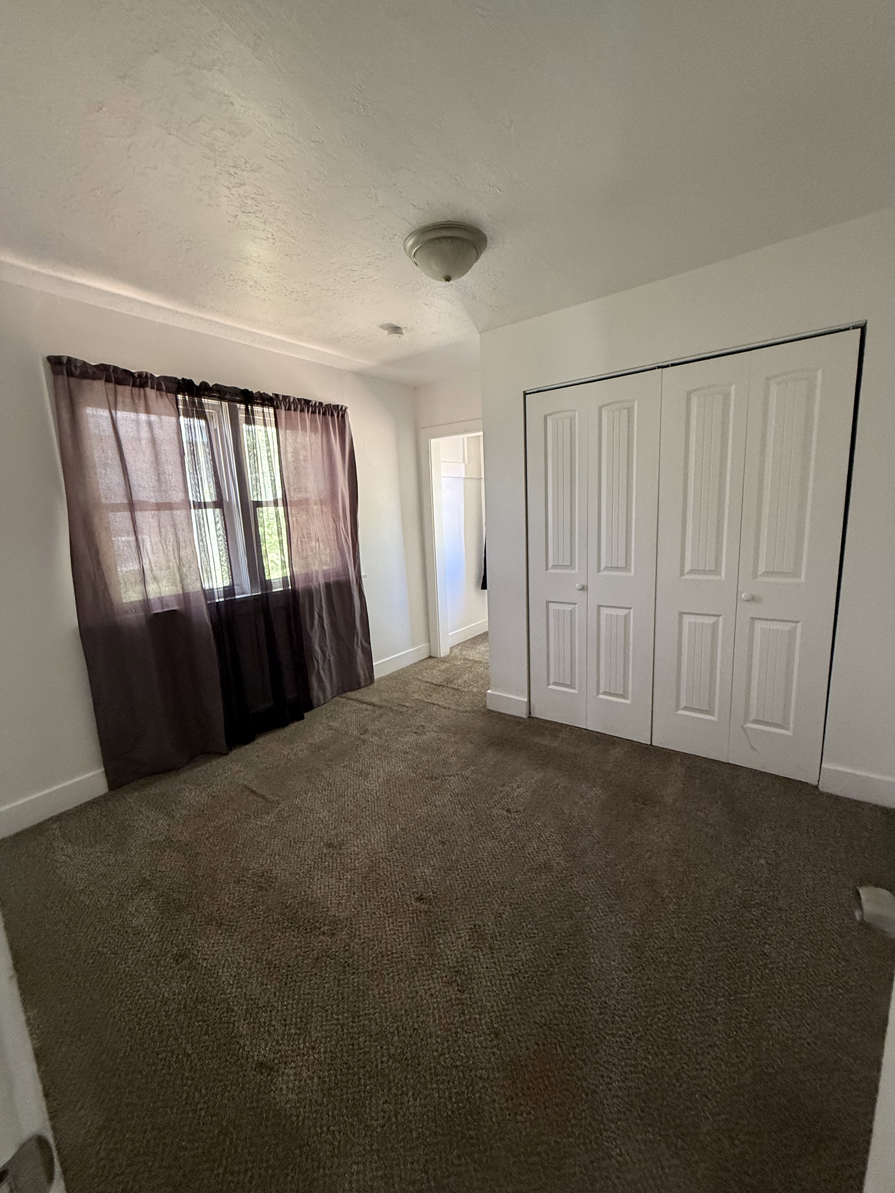 Carpeted interior space featuring a window with dark drapes, white walls, and a ceiling-mounted light fixture