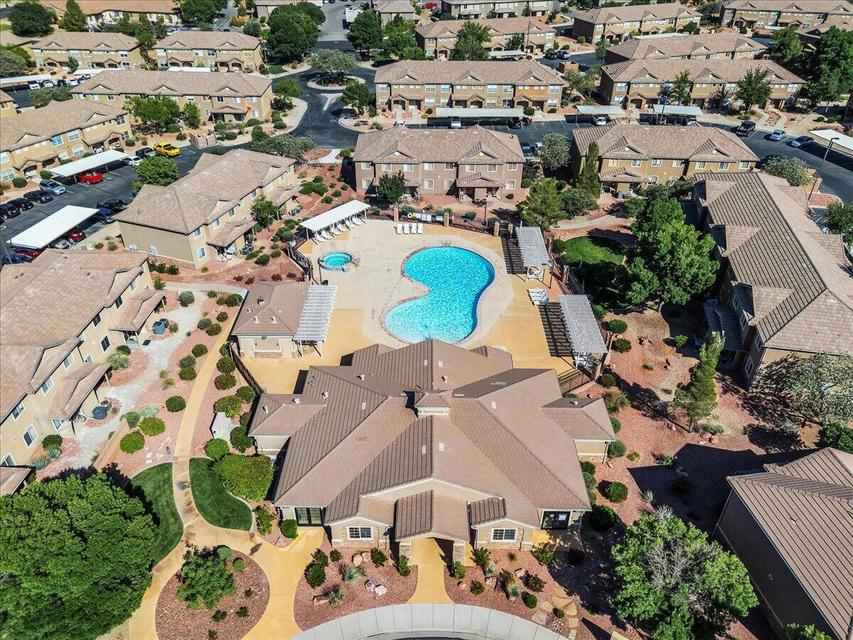 Community featuring a central amenity area with a kidney-shaped swimming pool, circular spa, and surrounding lounge seating