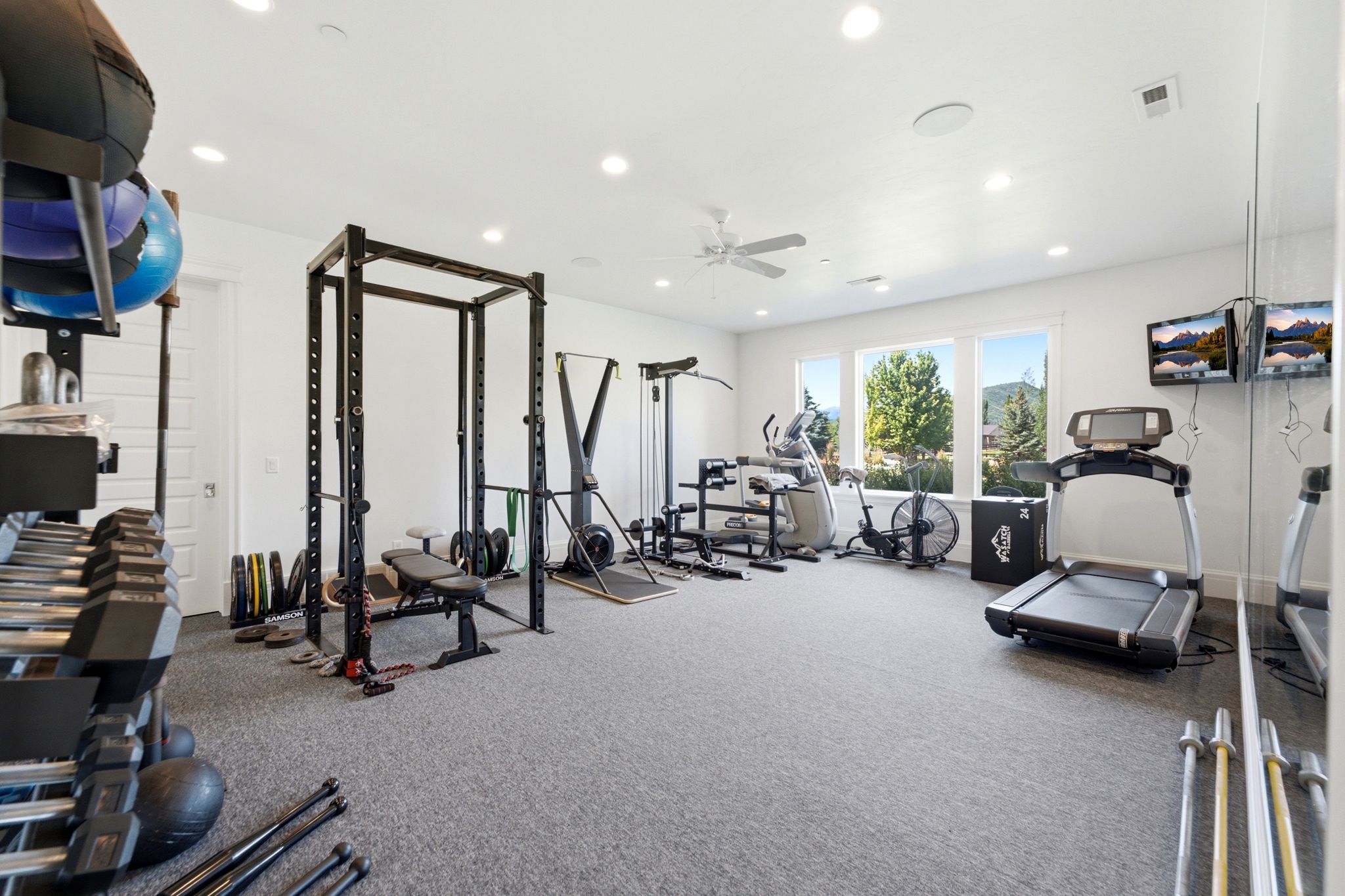 Spacious recreation room featuring light gray carpet flooring, recessed lighting, a ceiling fan, and large windows with mountain and tree scenery