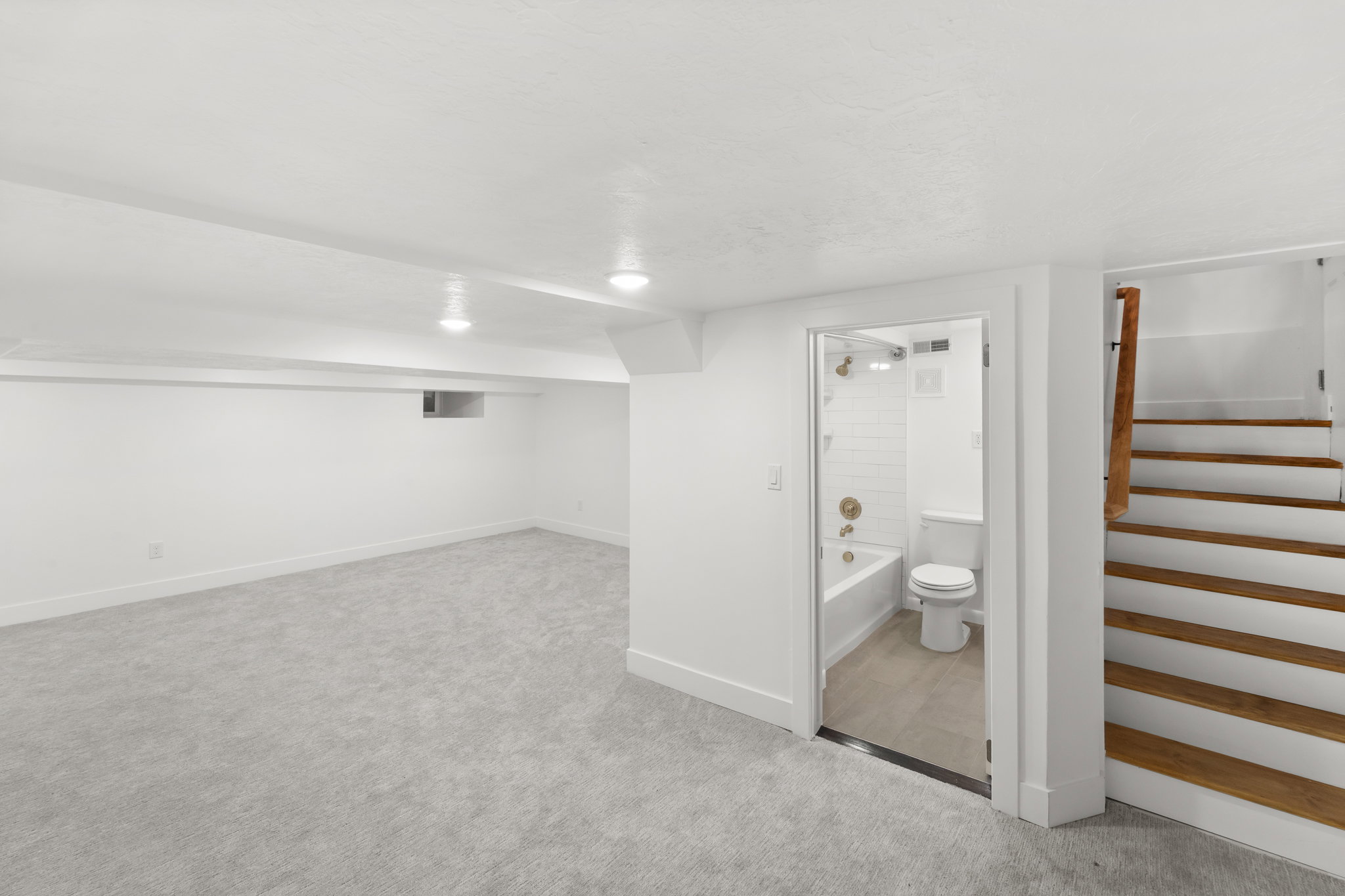 Finished room featuring light gray carpeting, white walls, and recessed lighting