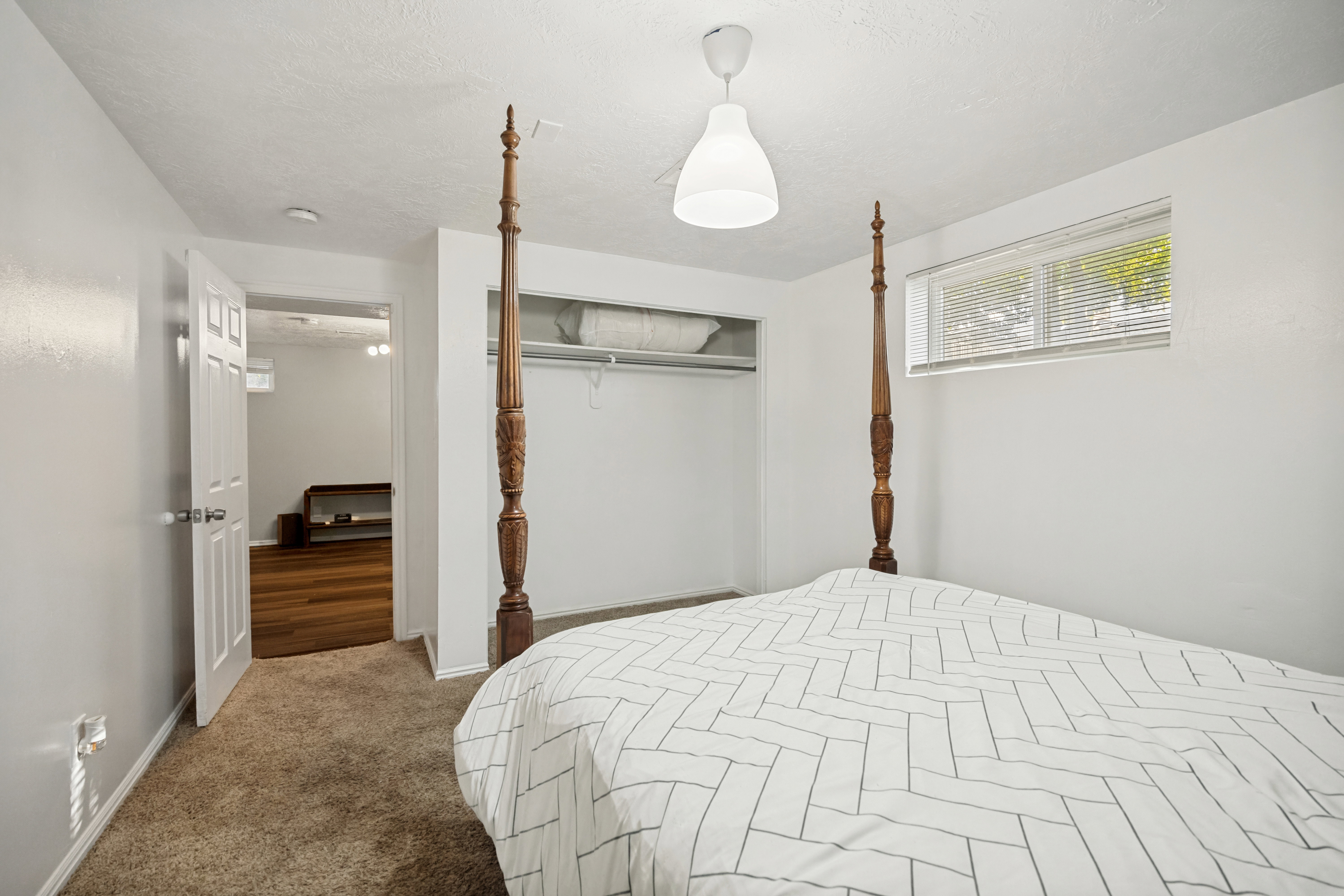 Room featuring carpet flooring, a window with horizontal blinds, and a white ceiling light fixture
