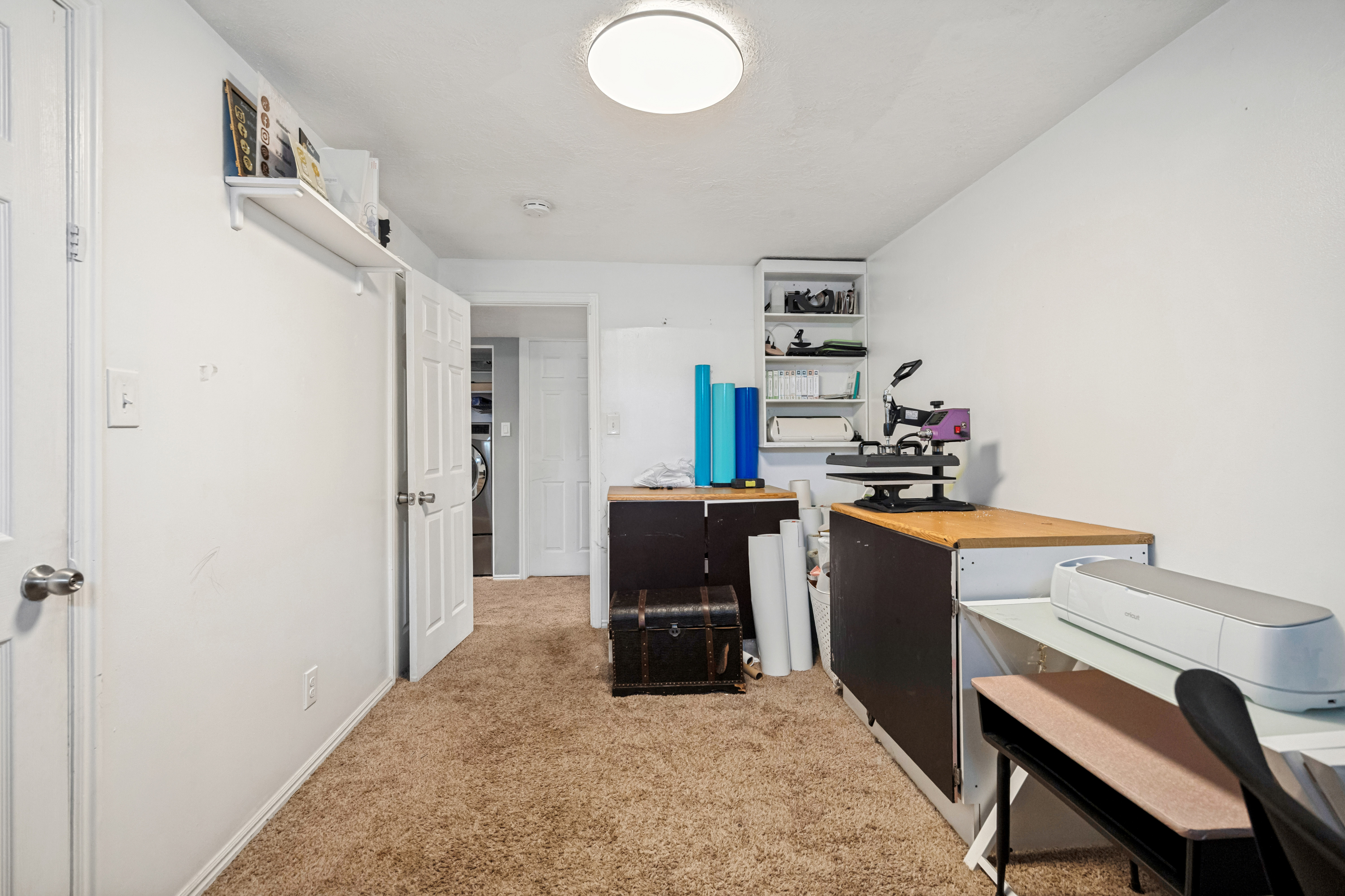 Carpeted interior room featuring white walls and a flush-mount ceiling light