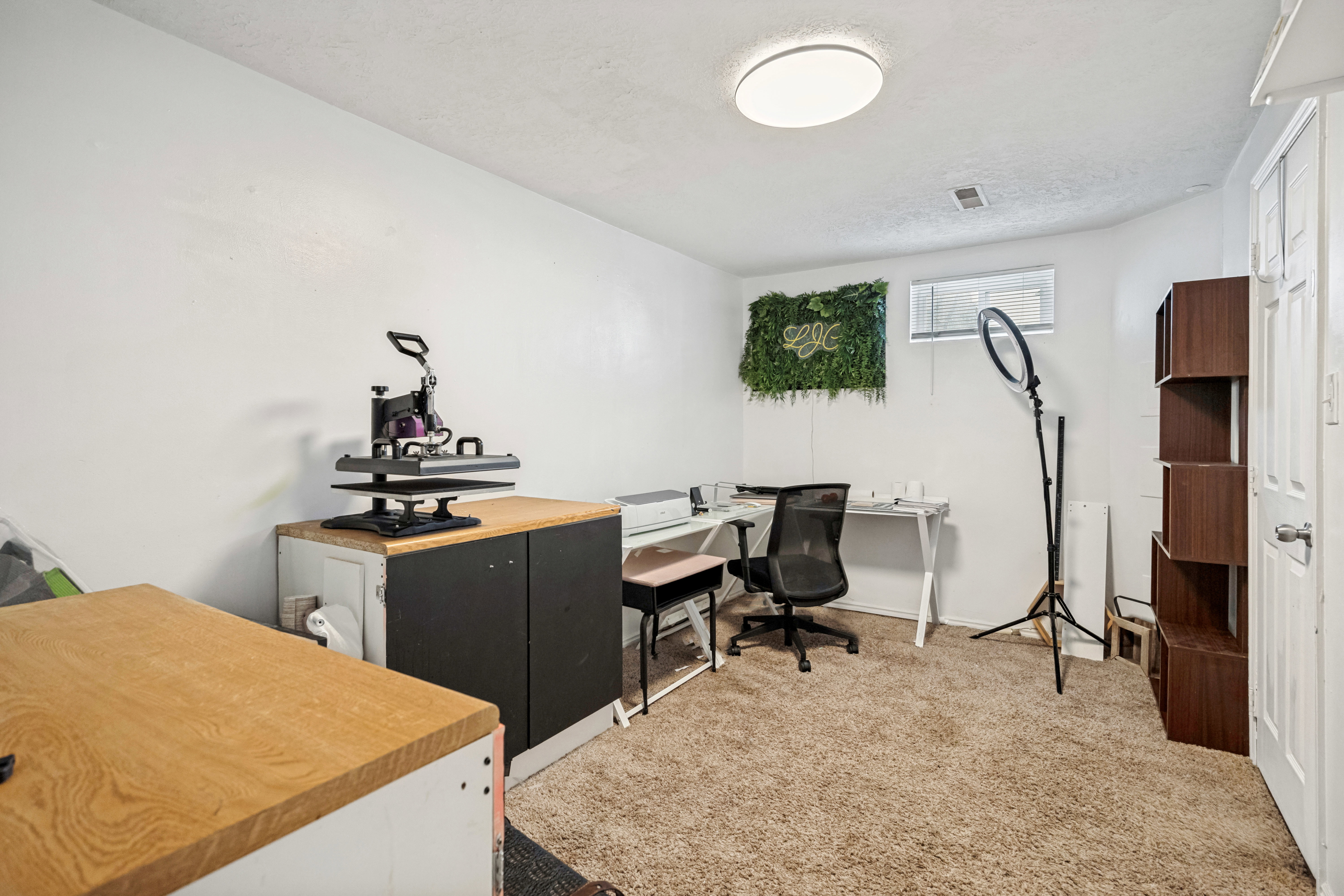 Versatile room featuring light-colored walls and soft, neutral-toned carpeting