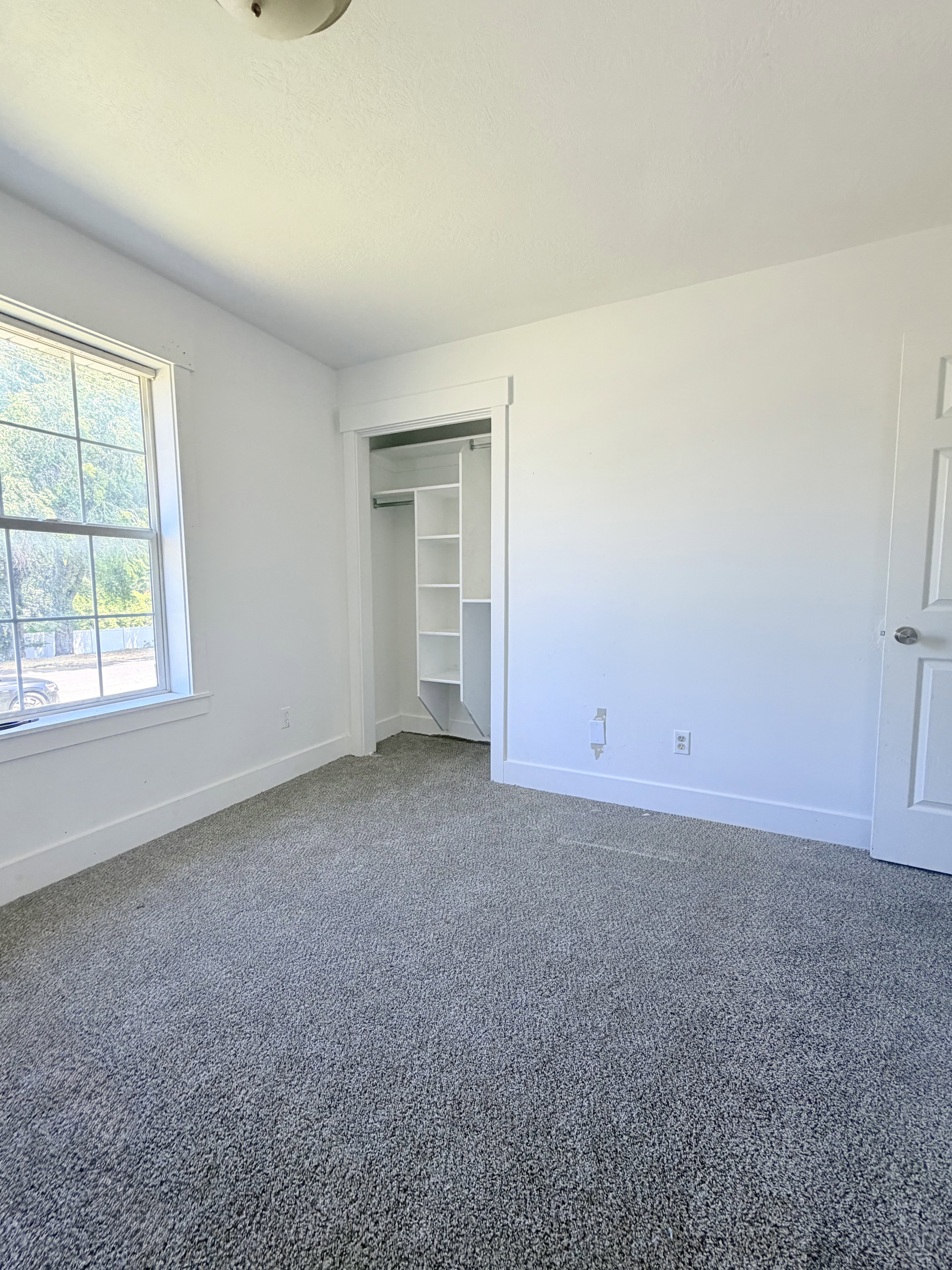 Room featuring neutral gray carpeting, white walls, and a window with white trim