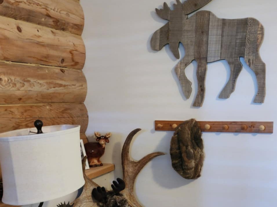 Log wall construction featuring a textured ceiling finish