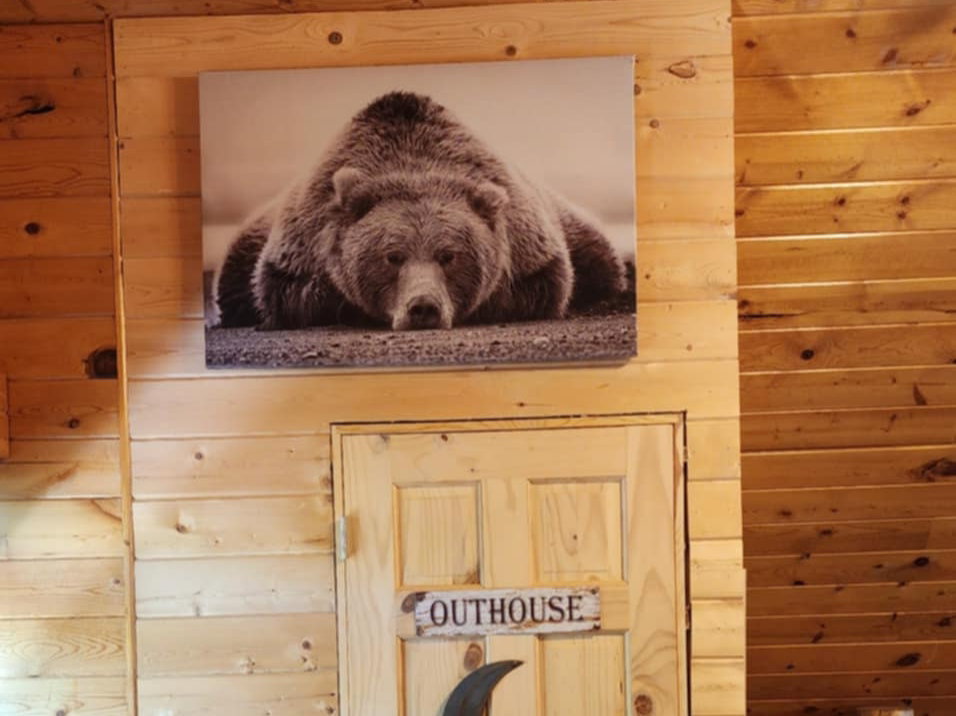 Pine wood paneling and matching wood-finish flooring create a rustic interior aesthetic