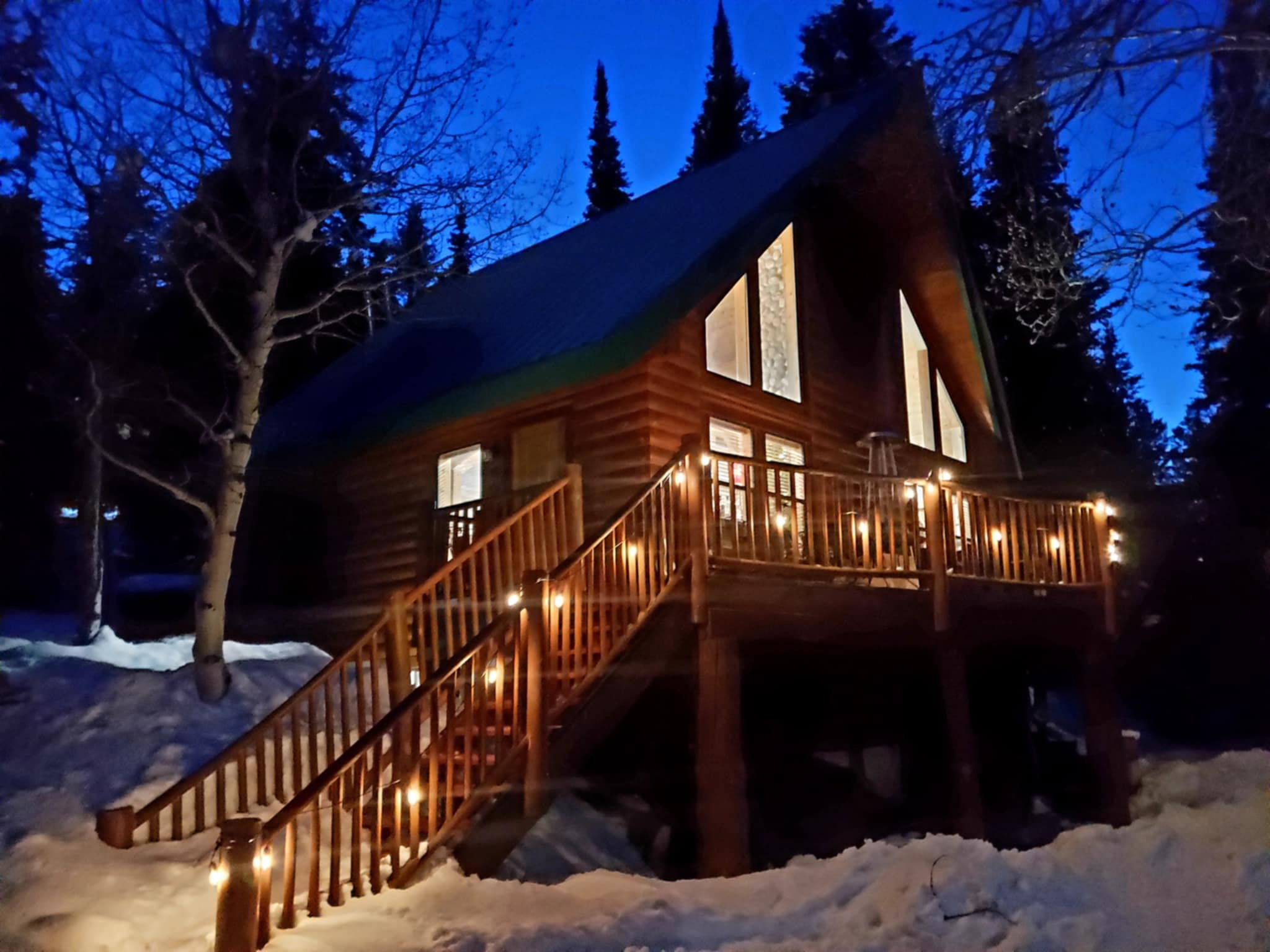 Log cabin exterior featuring a steep-pitched metal roof and A-frame design