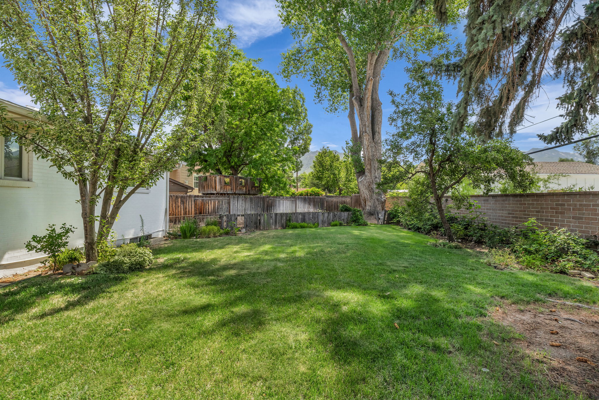 Expansive backyard featuring a green lawn, mature trees providing natural shade, a partial wood fence, and a brick privacy wall